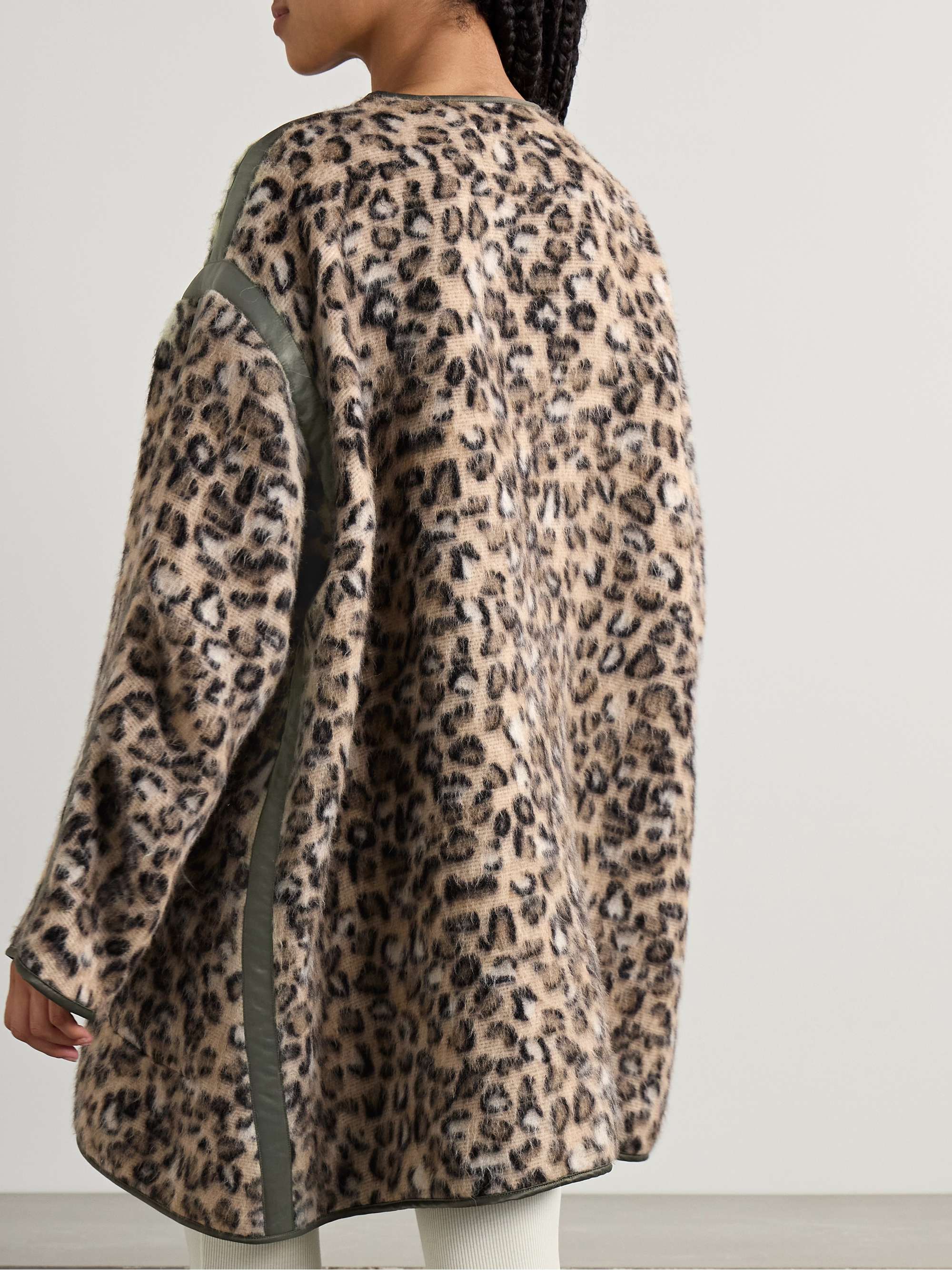 Convertible faux leather-trimmed leopard-print brushed wool-blend coat view