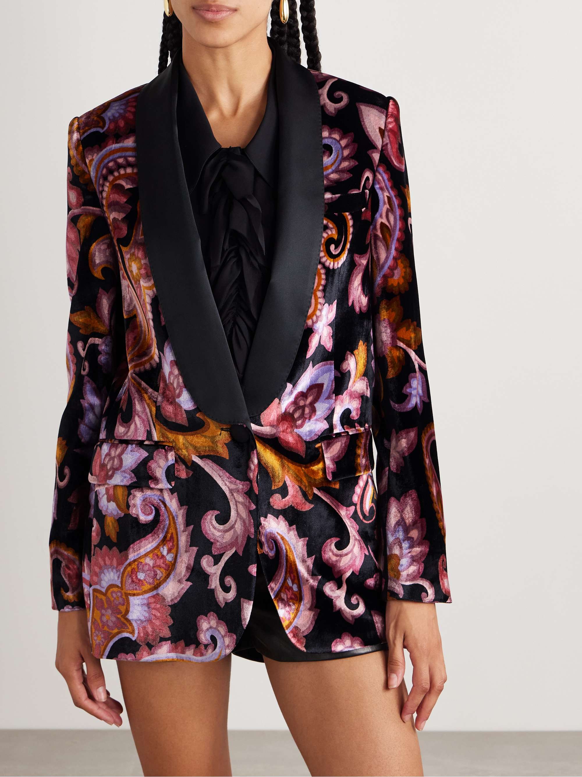 Satin-trimmed paisley-print velvet blazer view
