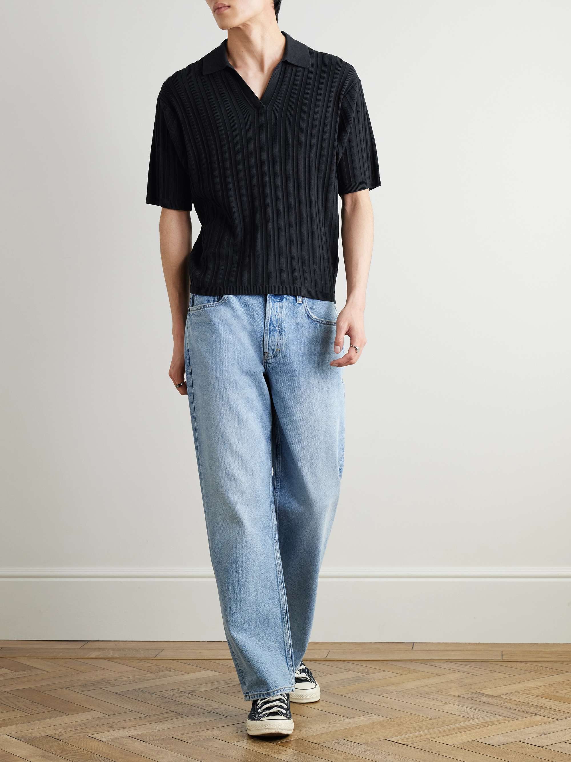 Striped Silk and Cotton-Blend Polo Shirt view