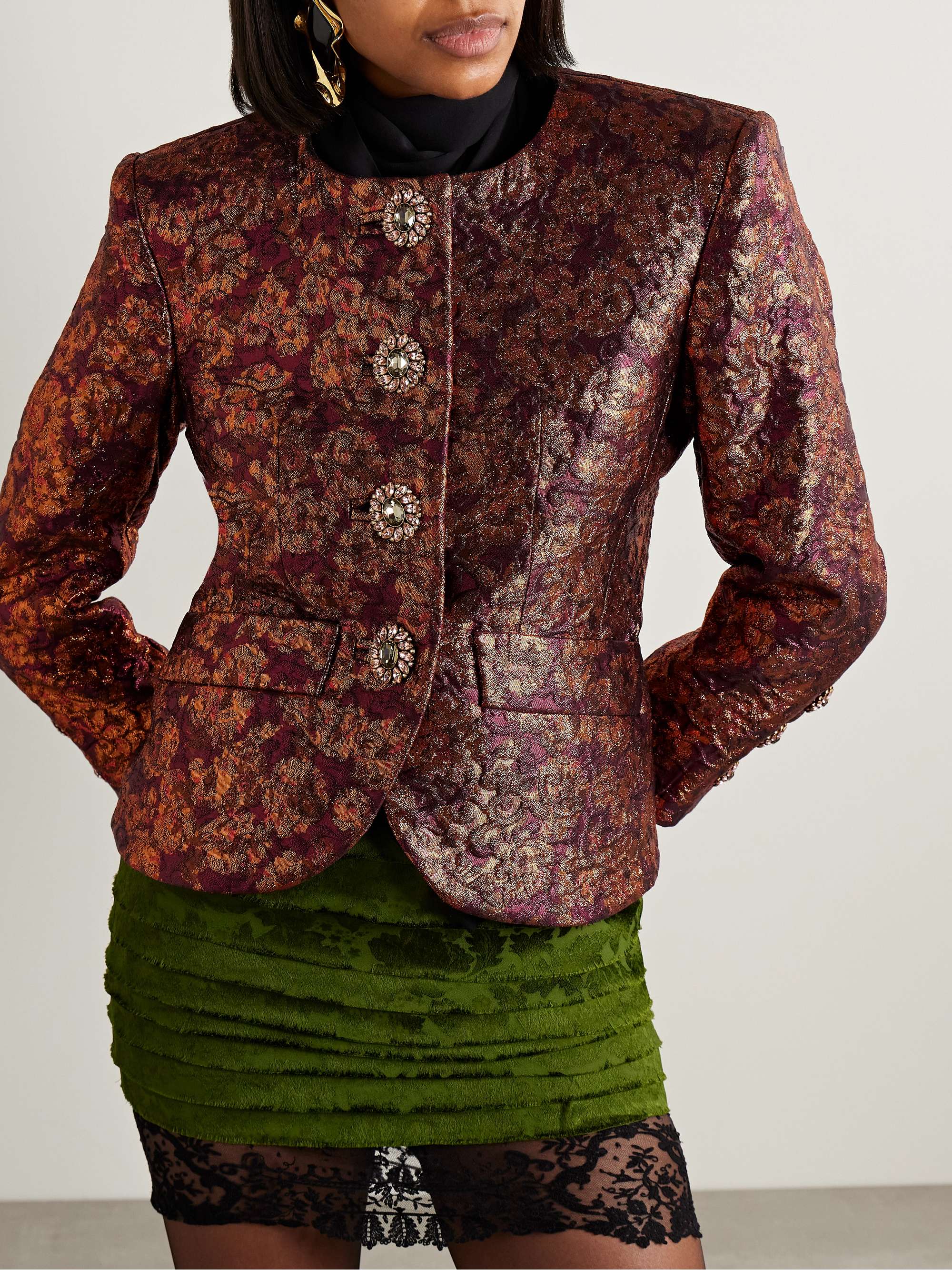 Crystal-embellished metallic wool-blend brocade jacket view