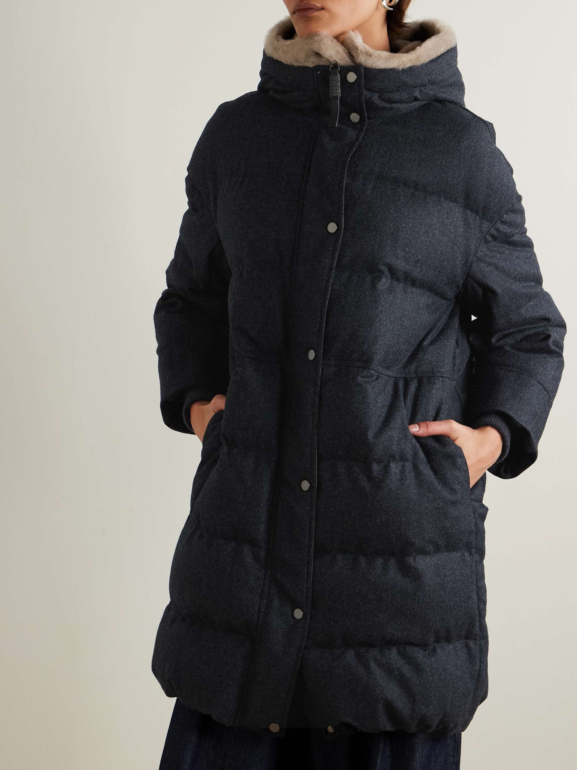 Hooded faux fur-trimmed quilted wool down coat view