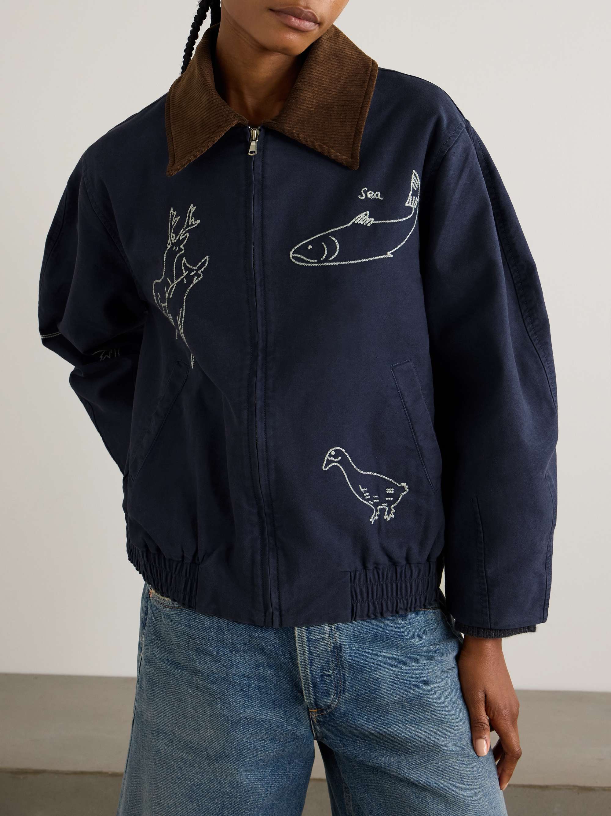 Demi oversized embroidered corduroy-trimmed cotton-canvas jacket view