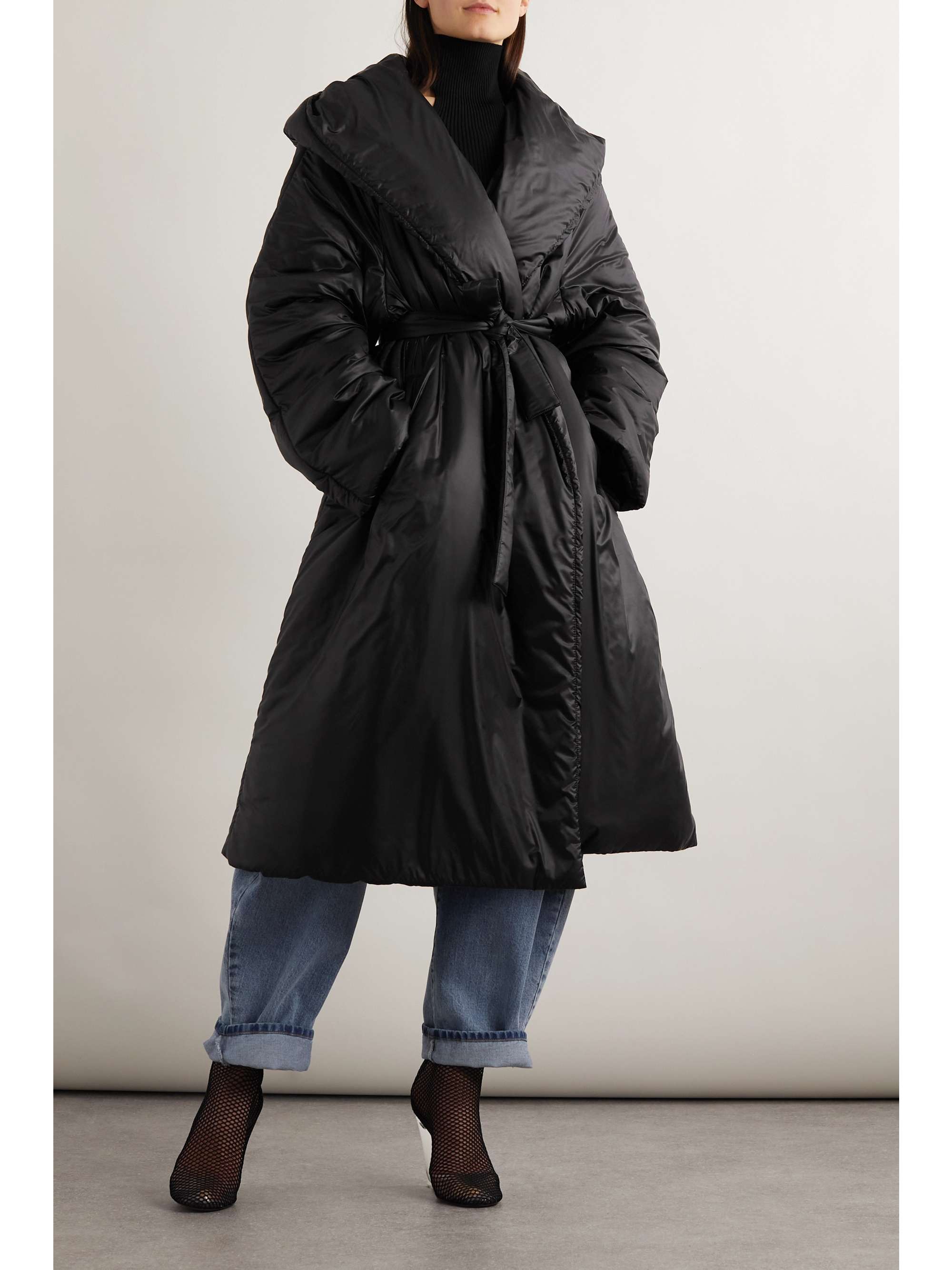 Belted padded hooded shell coat view