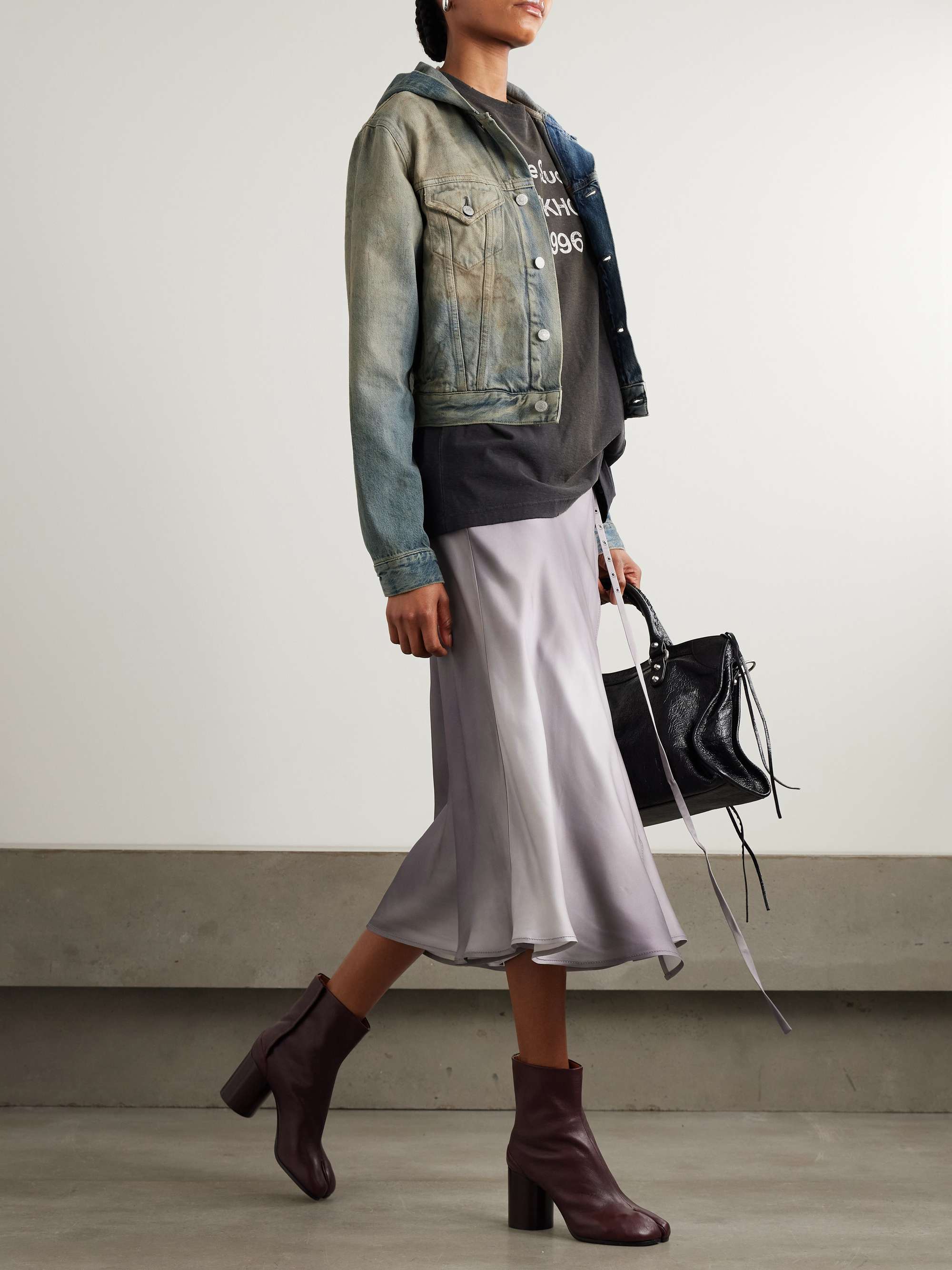 Hooded distressed organic denim jacket view