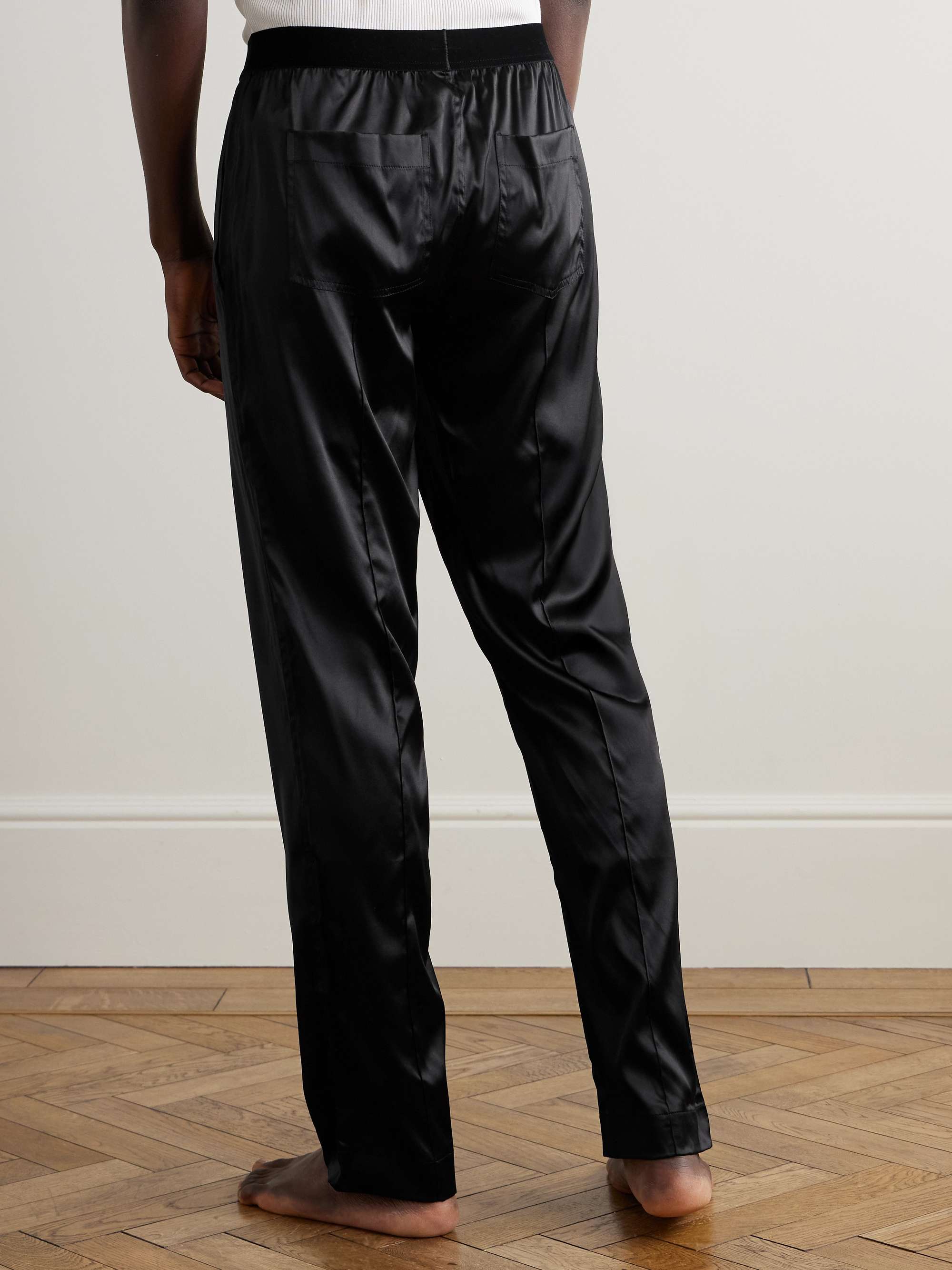 Velvet-Trimmed Stretch-Silk Satin Pyjama Trousers view