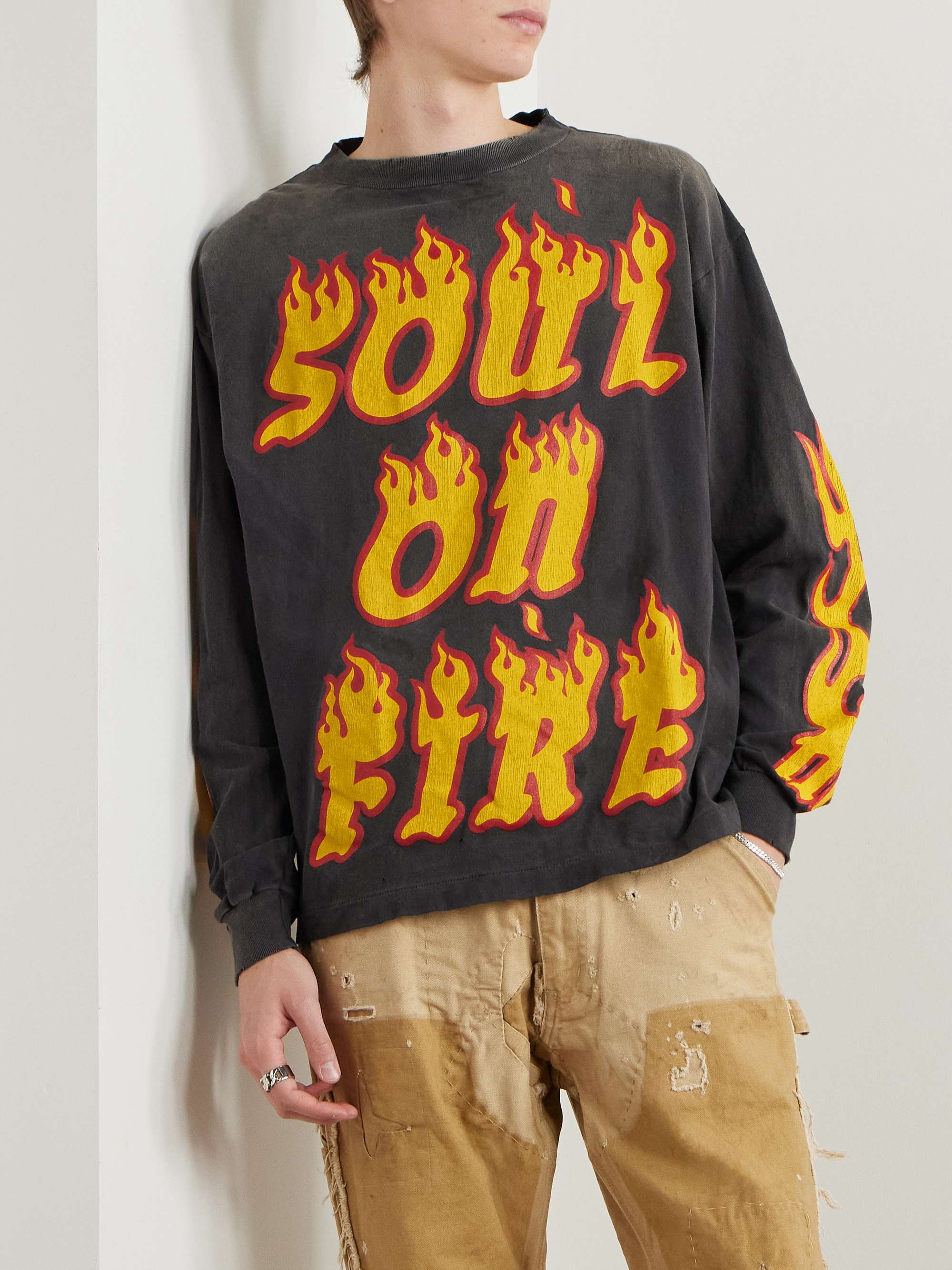 Soul On Fire Distressed Printed Cotton-Jersey T-Shirt view