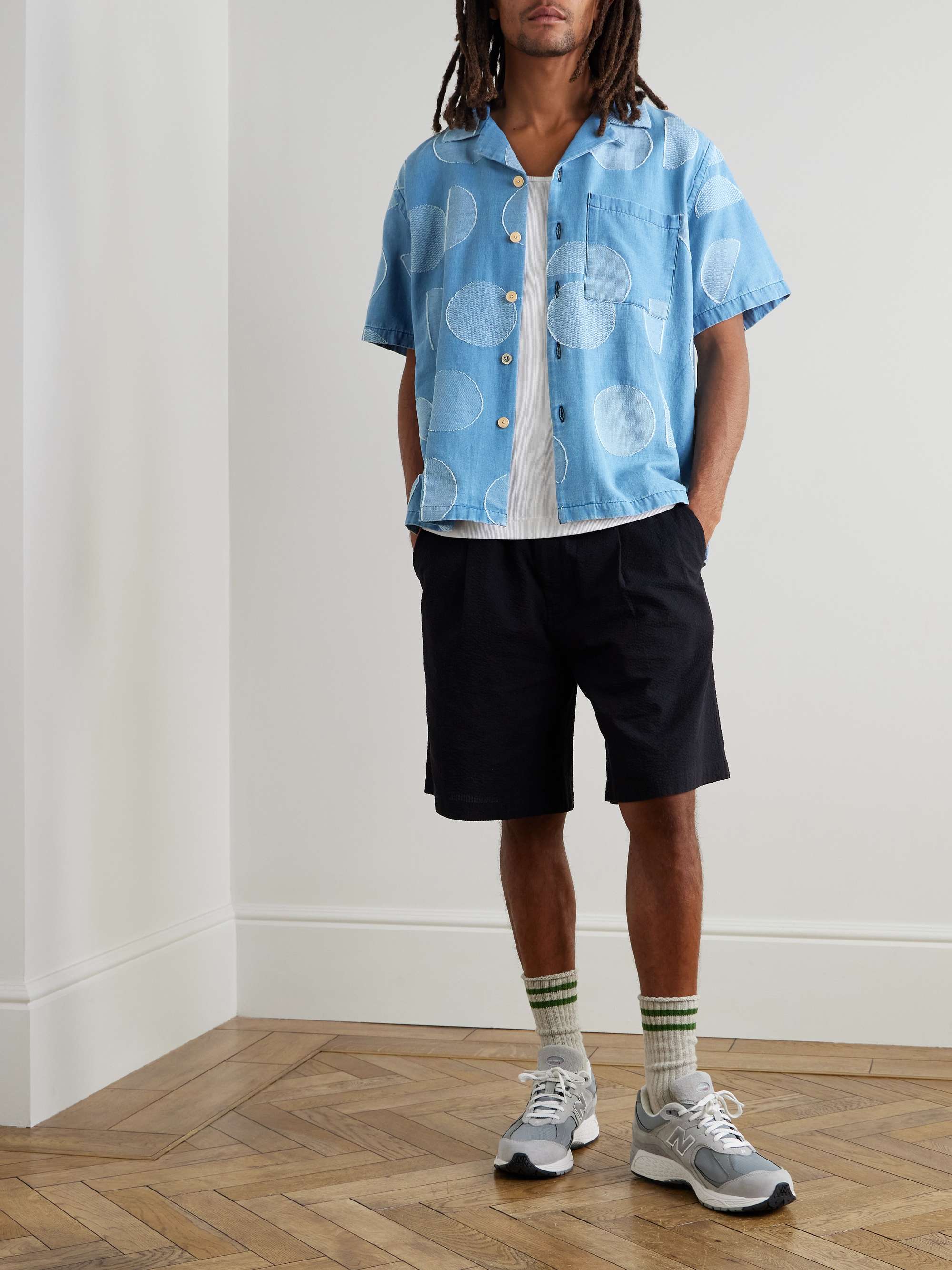 Anniversary Convertible-Collar Logo-Jacquard Cotton-Chambray Shirt view