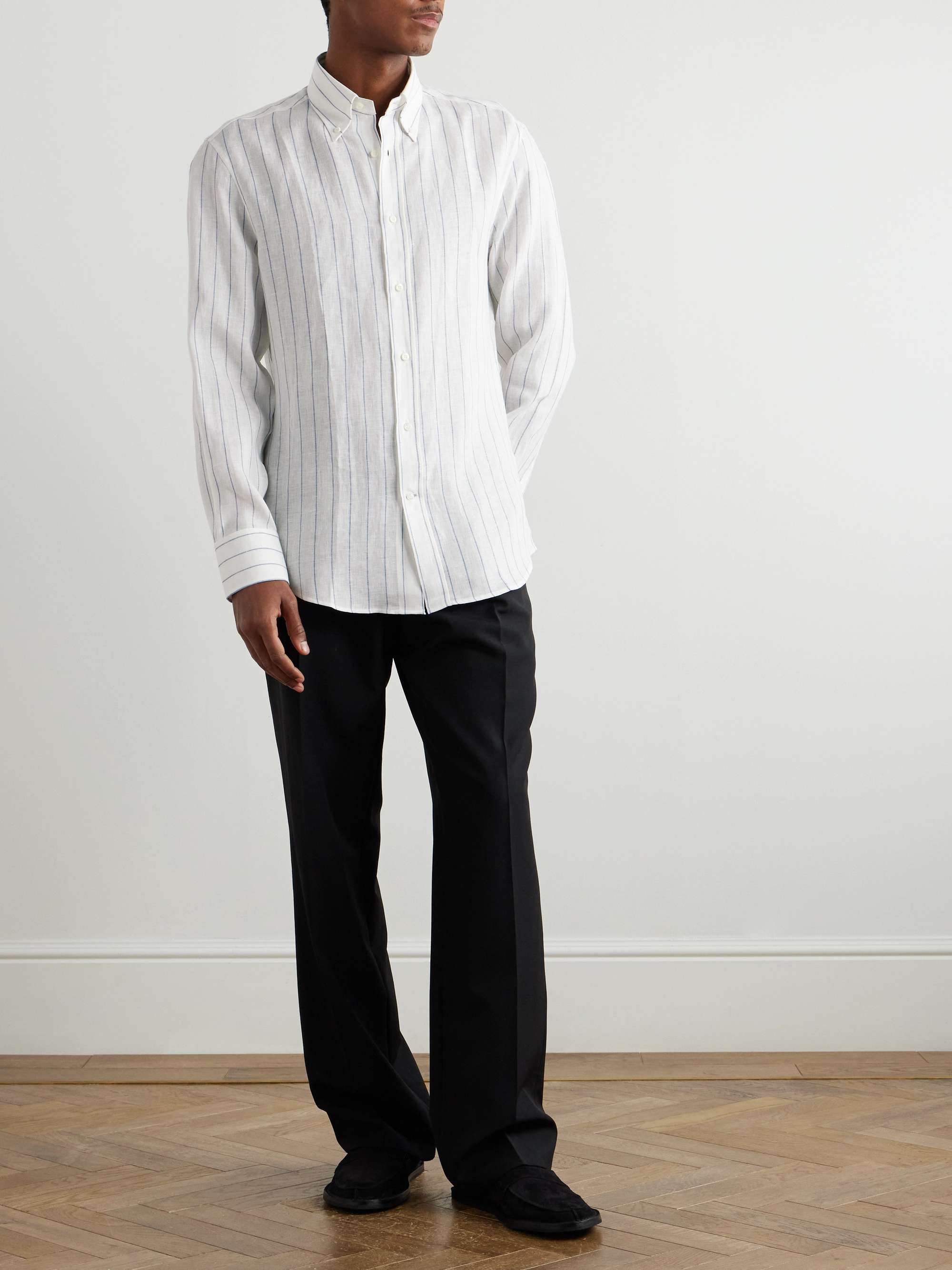 Button-Down Collar Striped Linen Shirt view