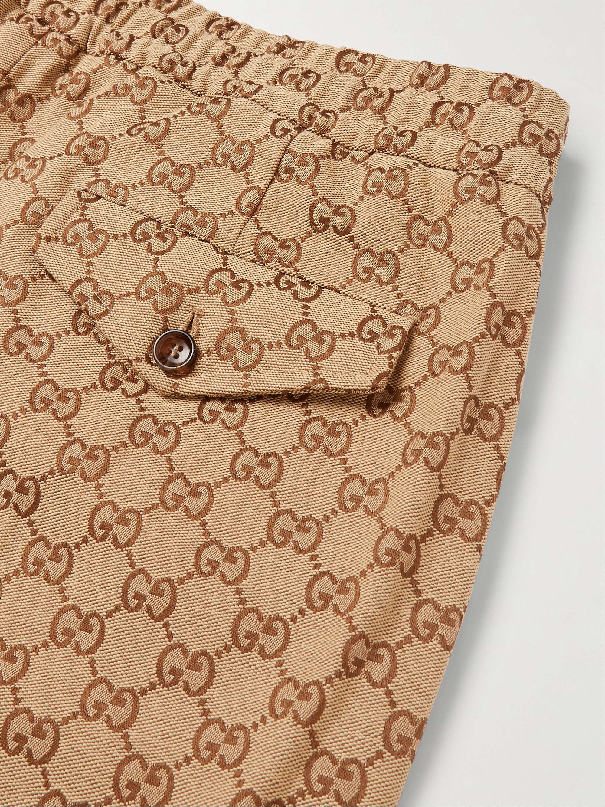Beige Tapered Cropped Logo-Jacquard Cotton-Blend Suit Trousers view
