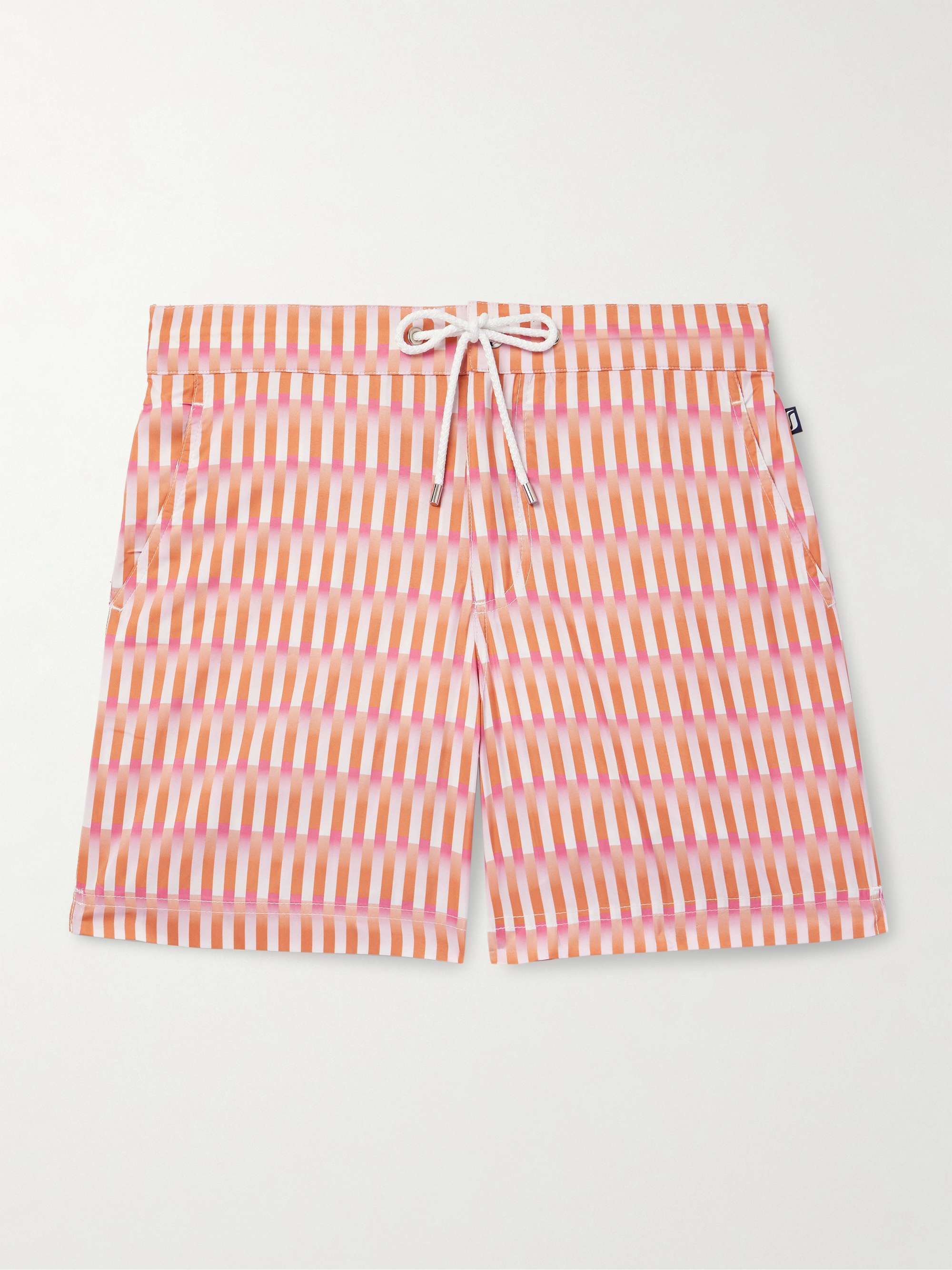 Straight-Leg Mid-Length Striped Recycled Swim Shorts hero visual