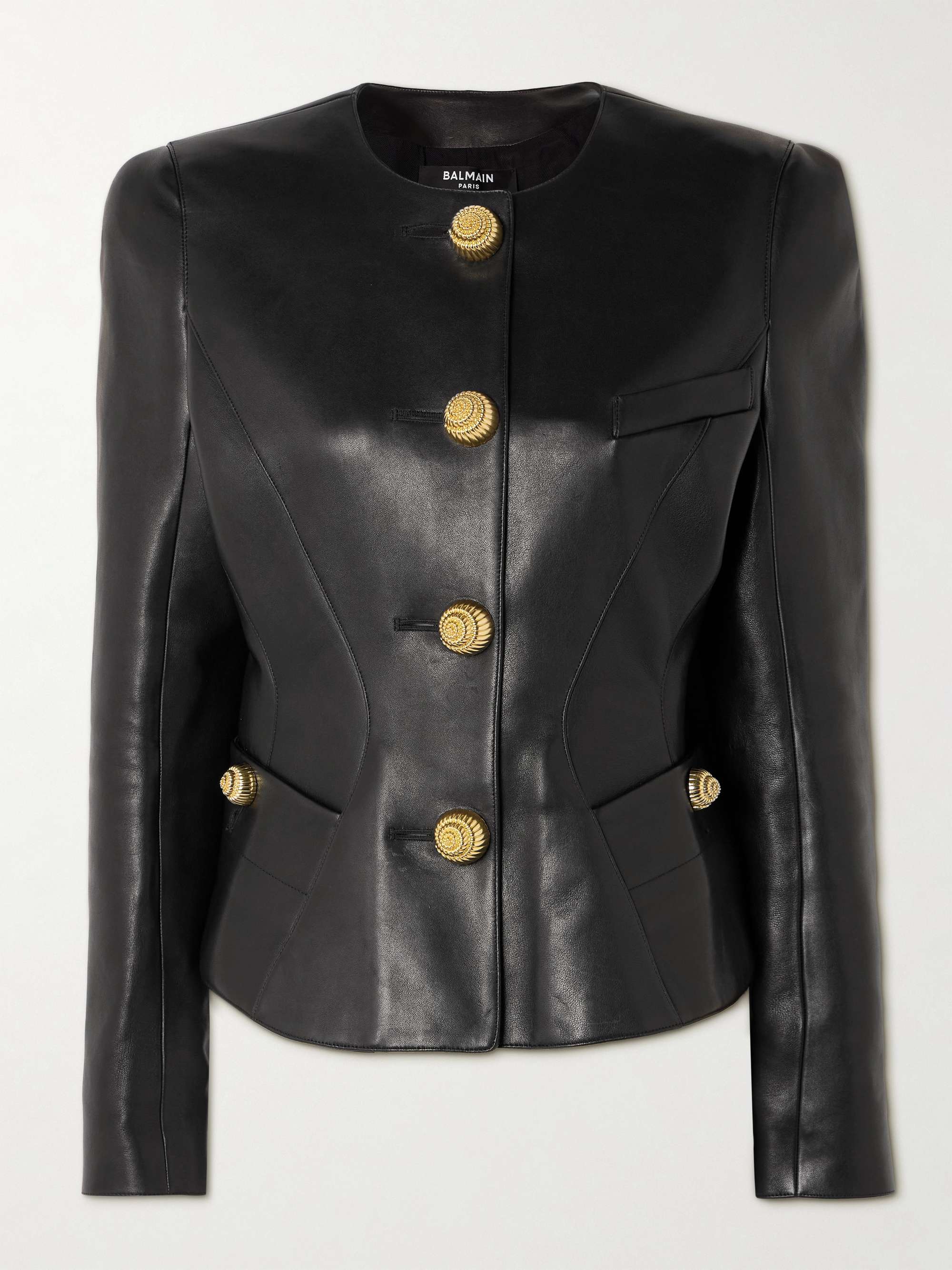 Paneled embellished leather peplum jacket hero visual