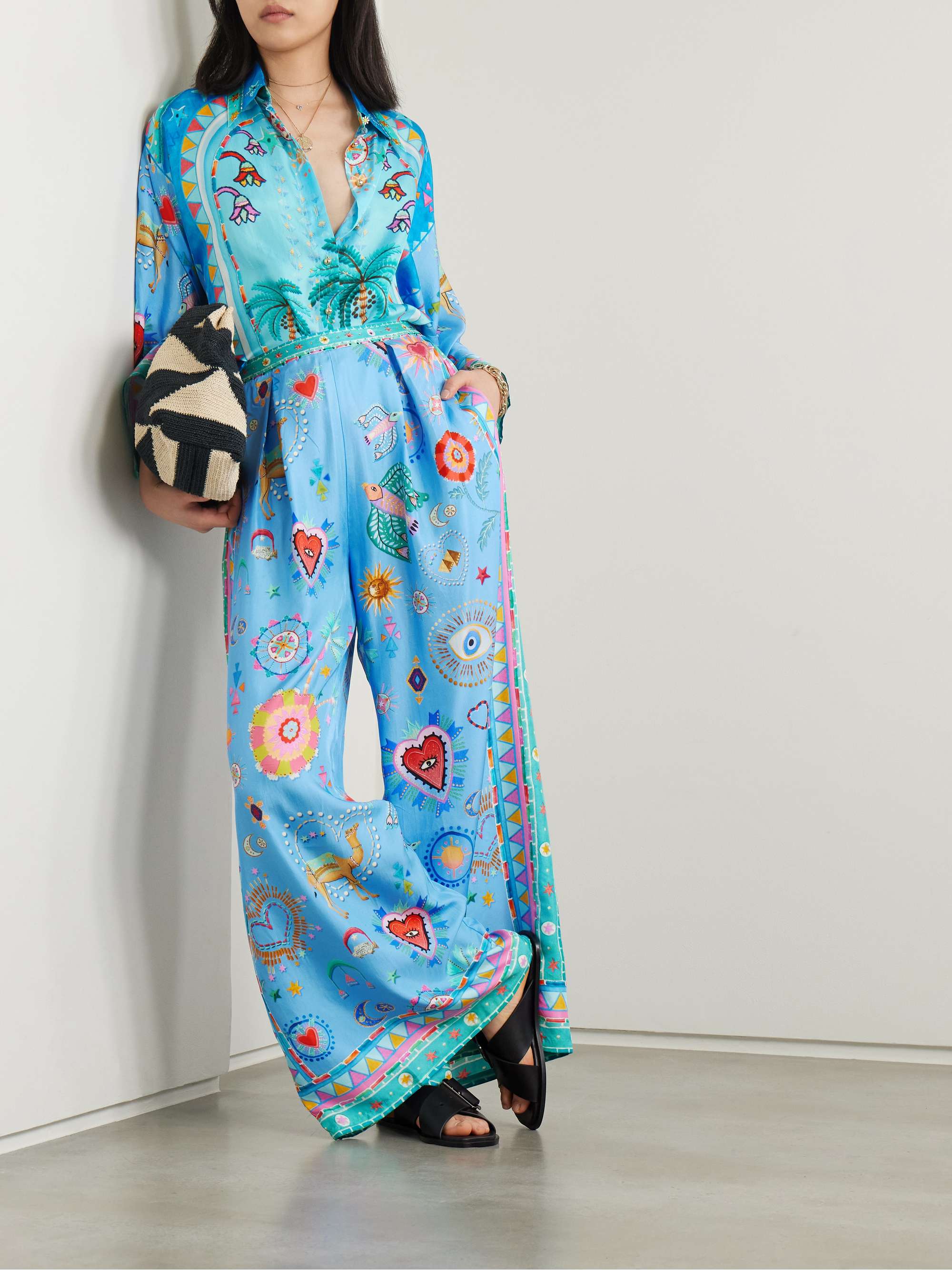 A Painted Village embellished printed pleated silk-twill wide-leg pants view
