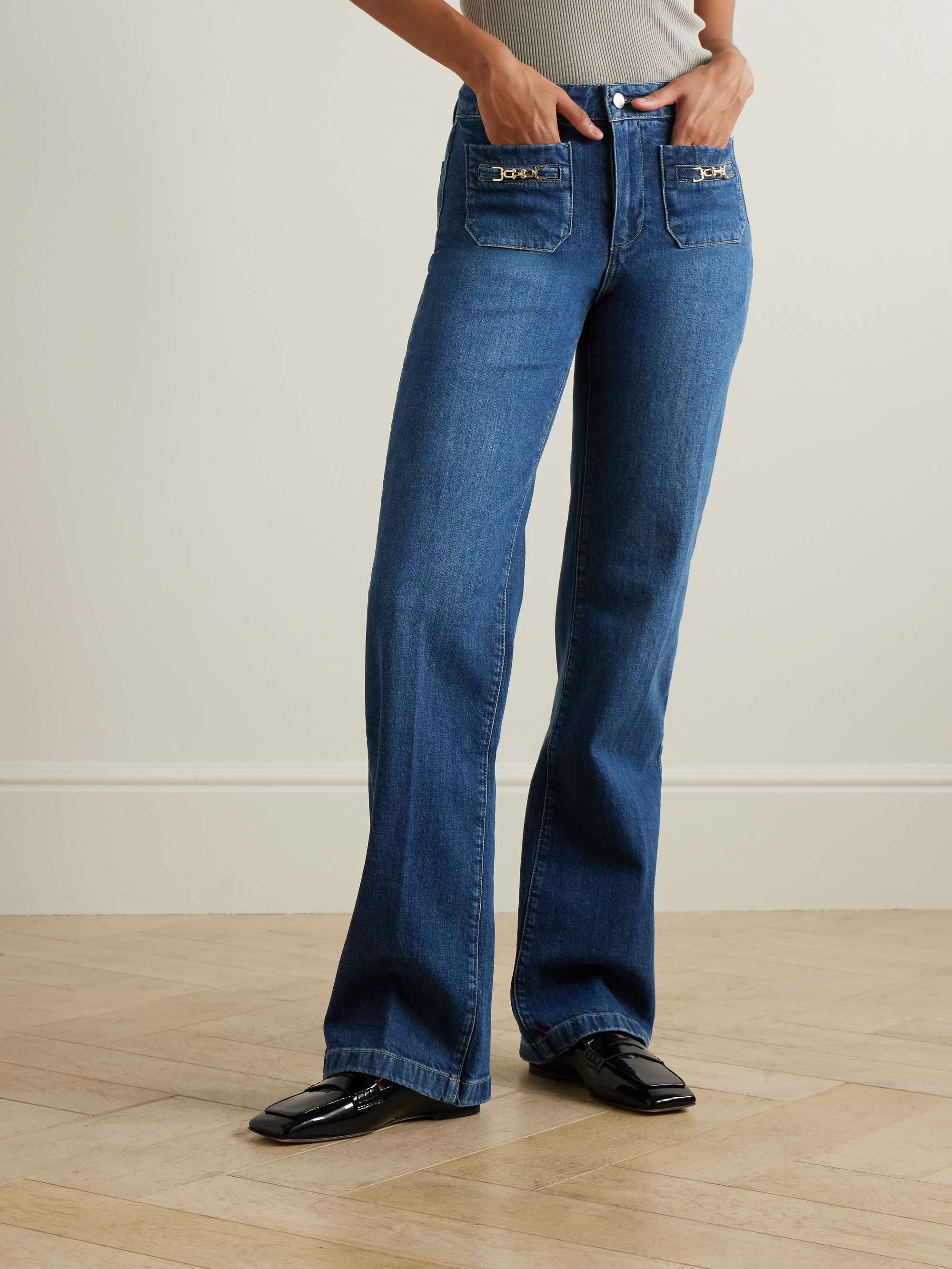 Leenah chain-embellished high-rise straight-leg jeans view