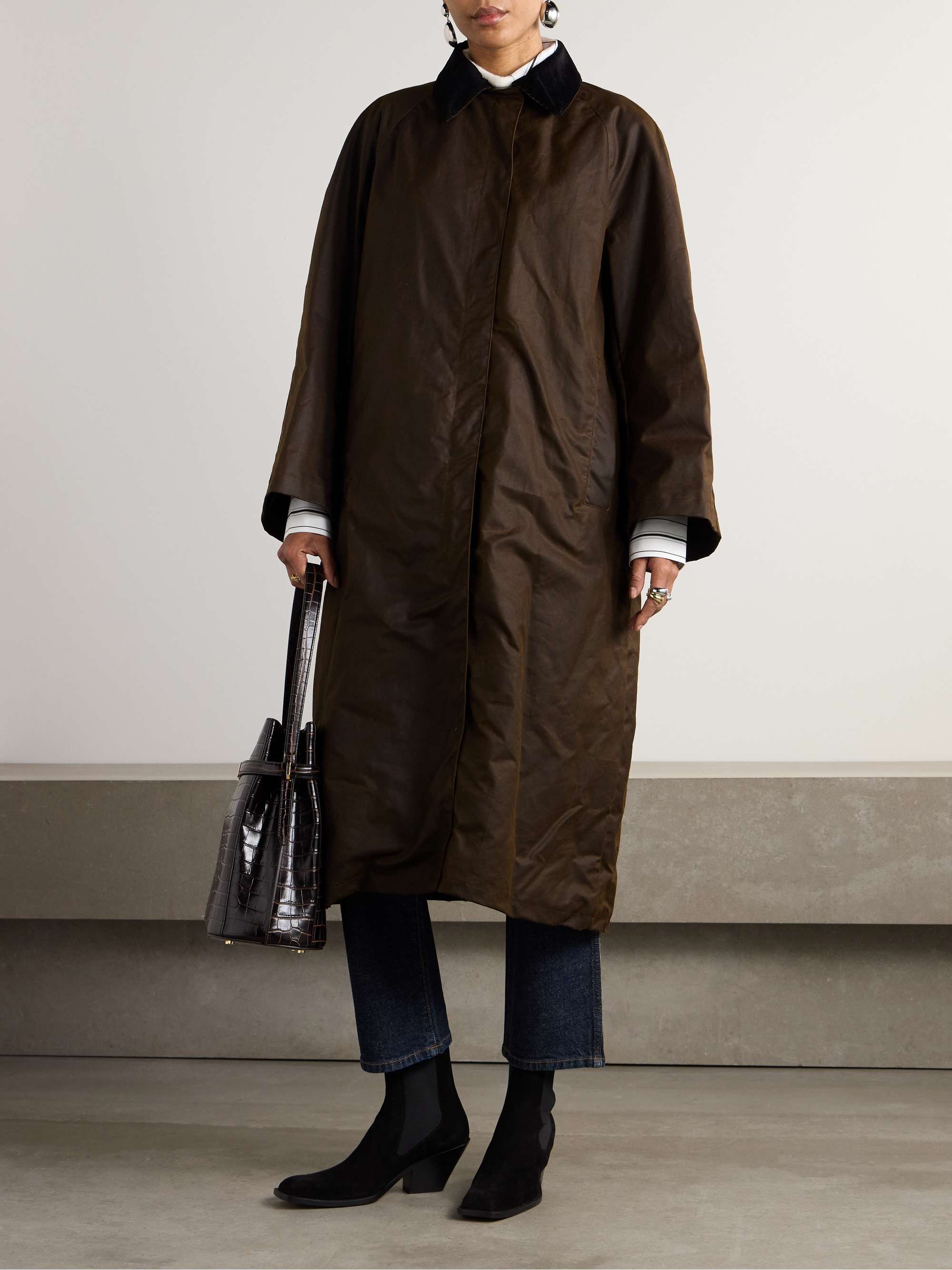 Corduroy-trimmed waxed organic cotton coat view