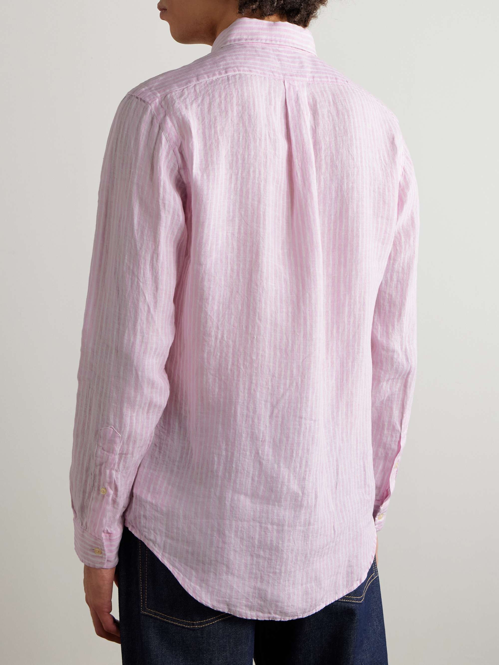 Button-Down Collar Logo-Embroidered Striped Linen Shirt view