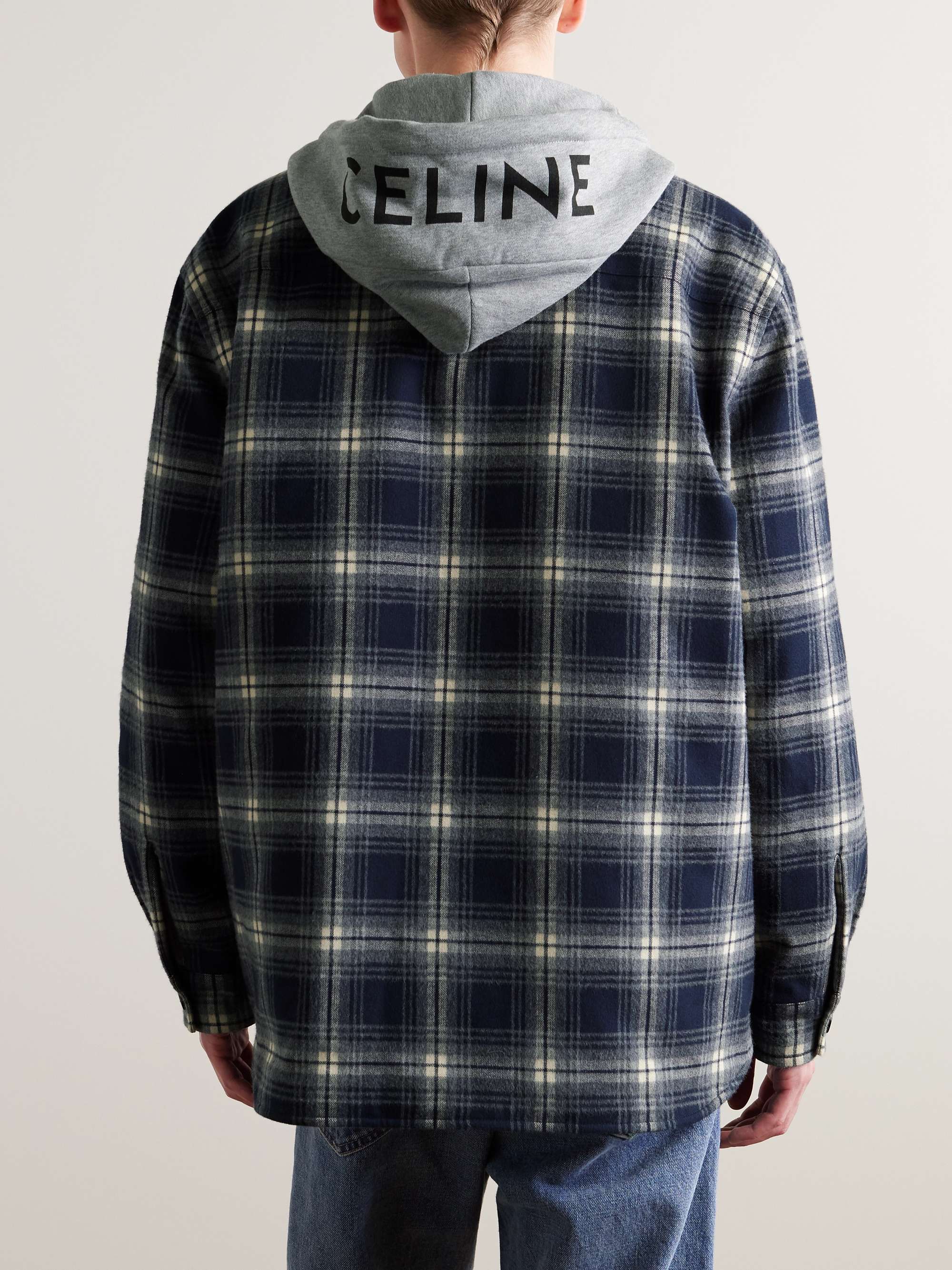 Checked Wool and Logo-Print Cotton-Jersey Hooded Overshirt view