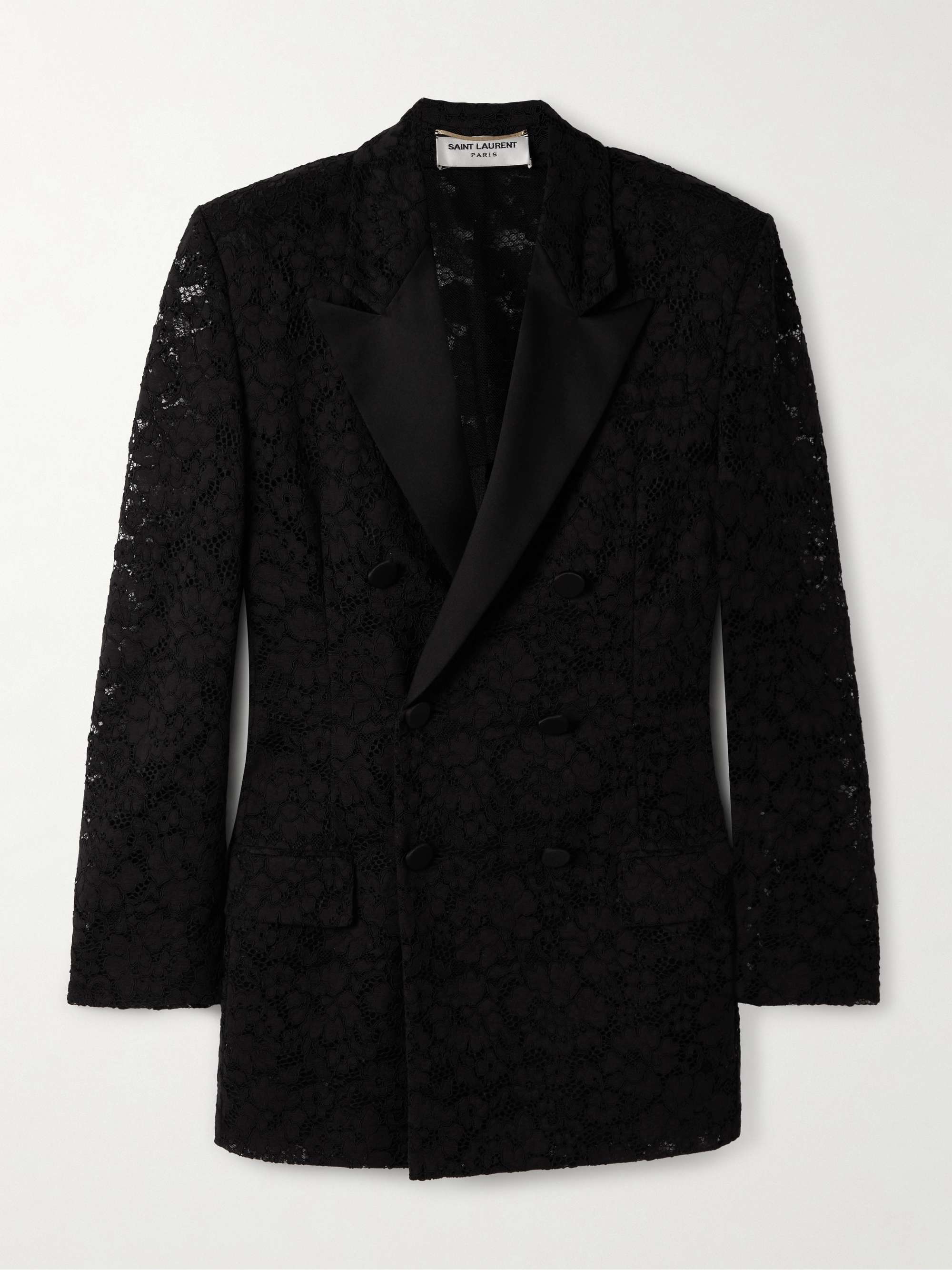 Double-breasted satin-trimmed lace blazer hero visual