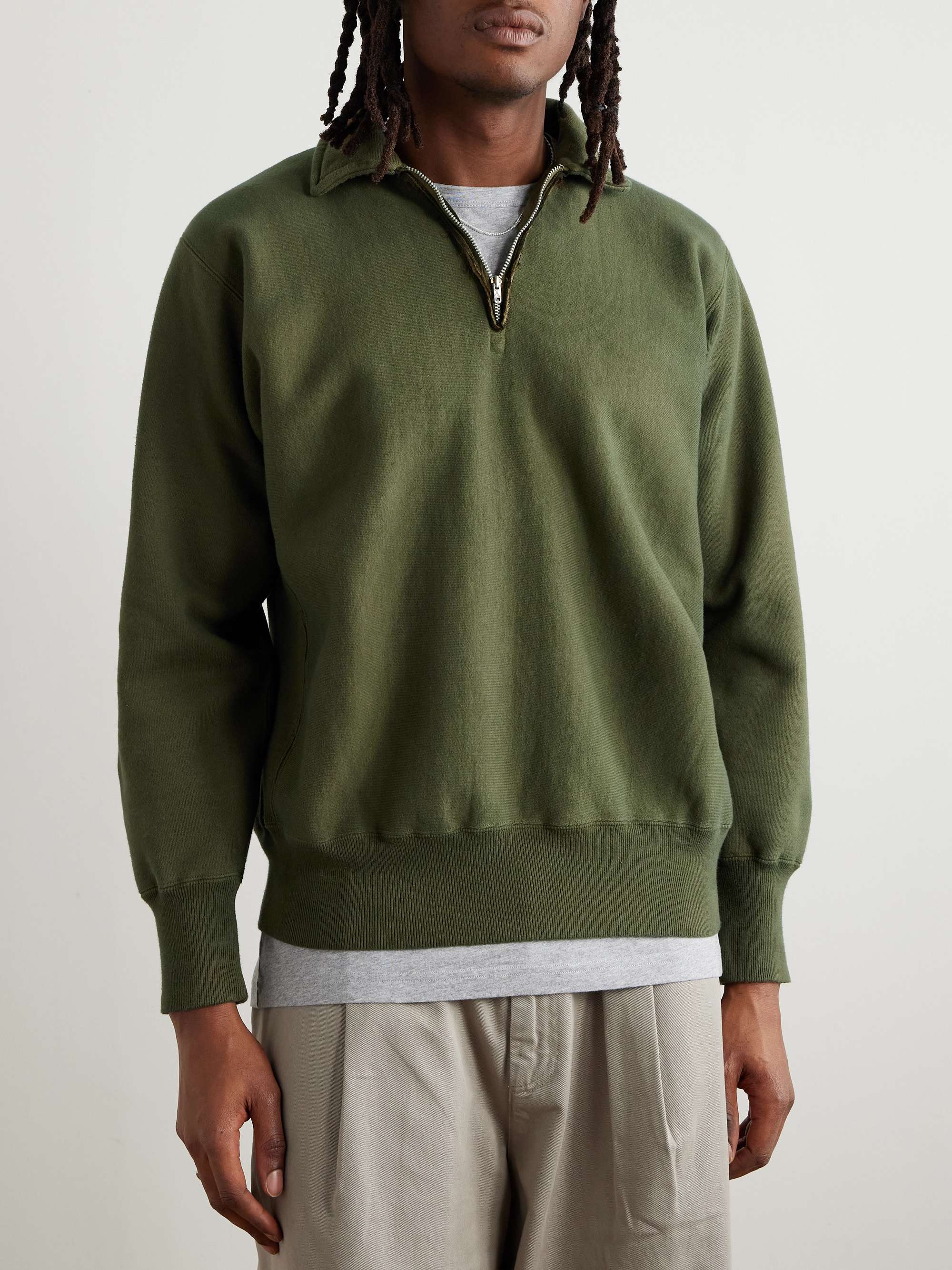 Distressed Cotton-Jersey Half-Zip Sweatshirt view