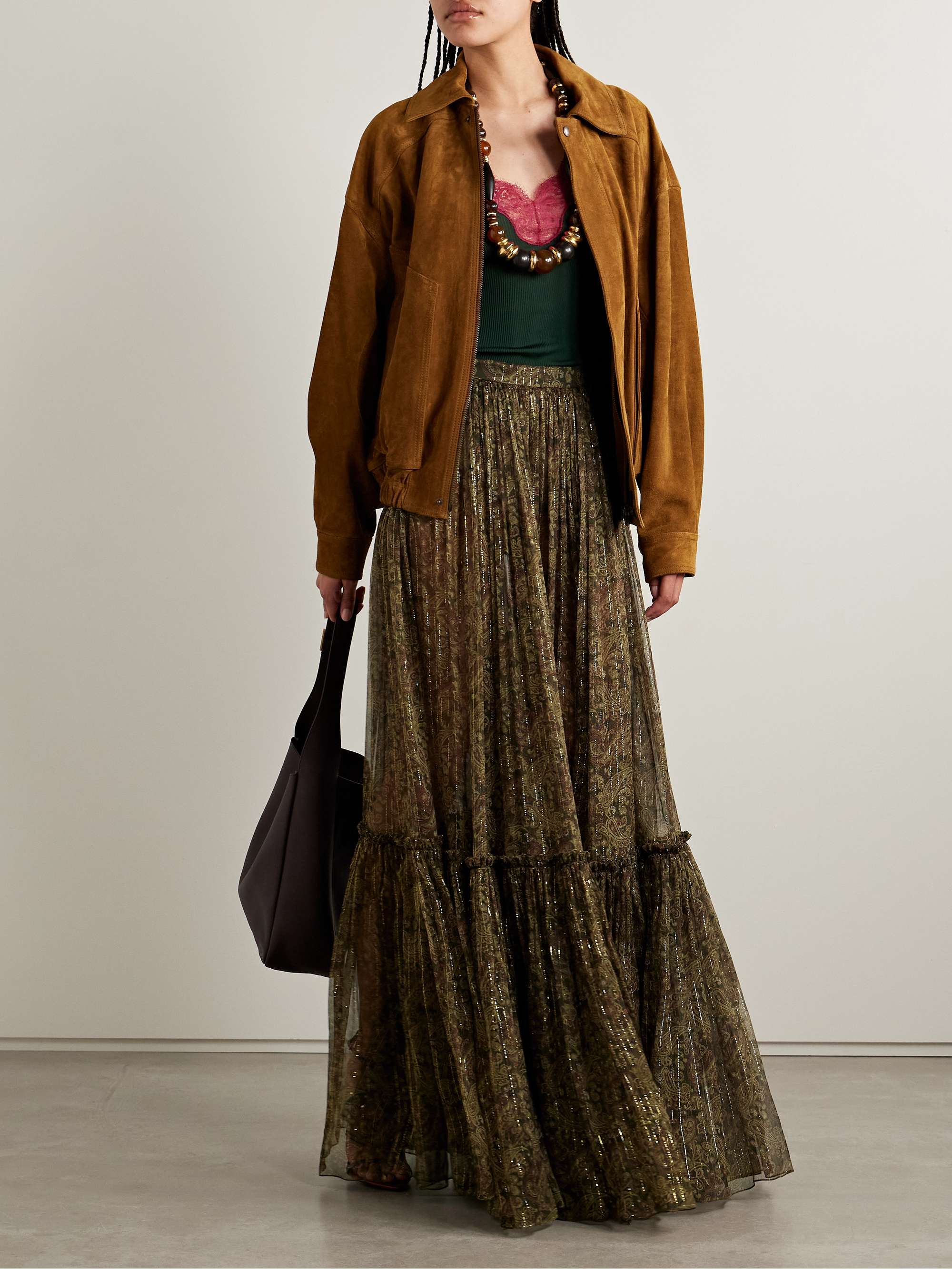 Tiered metallic paisley-print silk-blend crepon maxi skirt view
