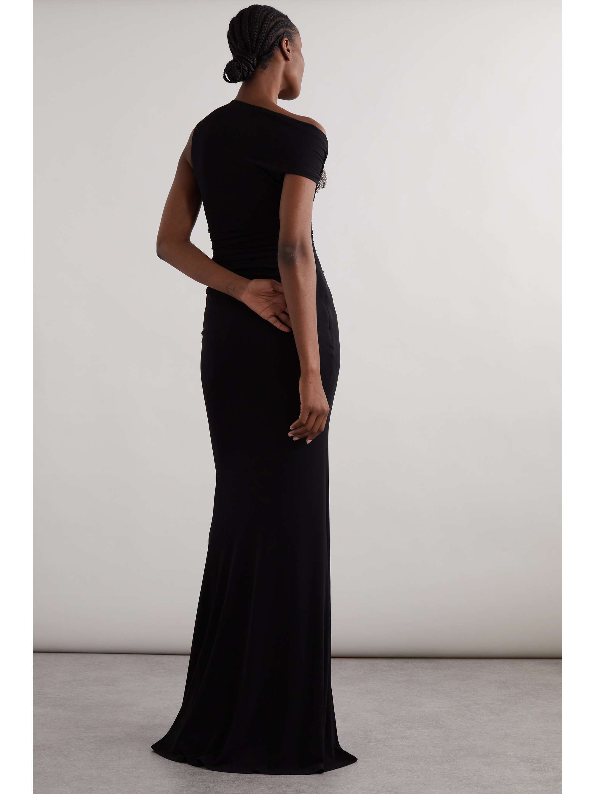 One-shoulder crystal-embellished gathered jersey-crepe gown view
