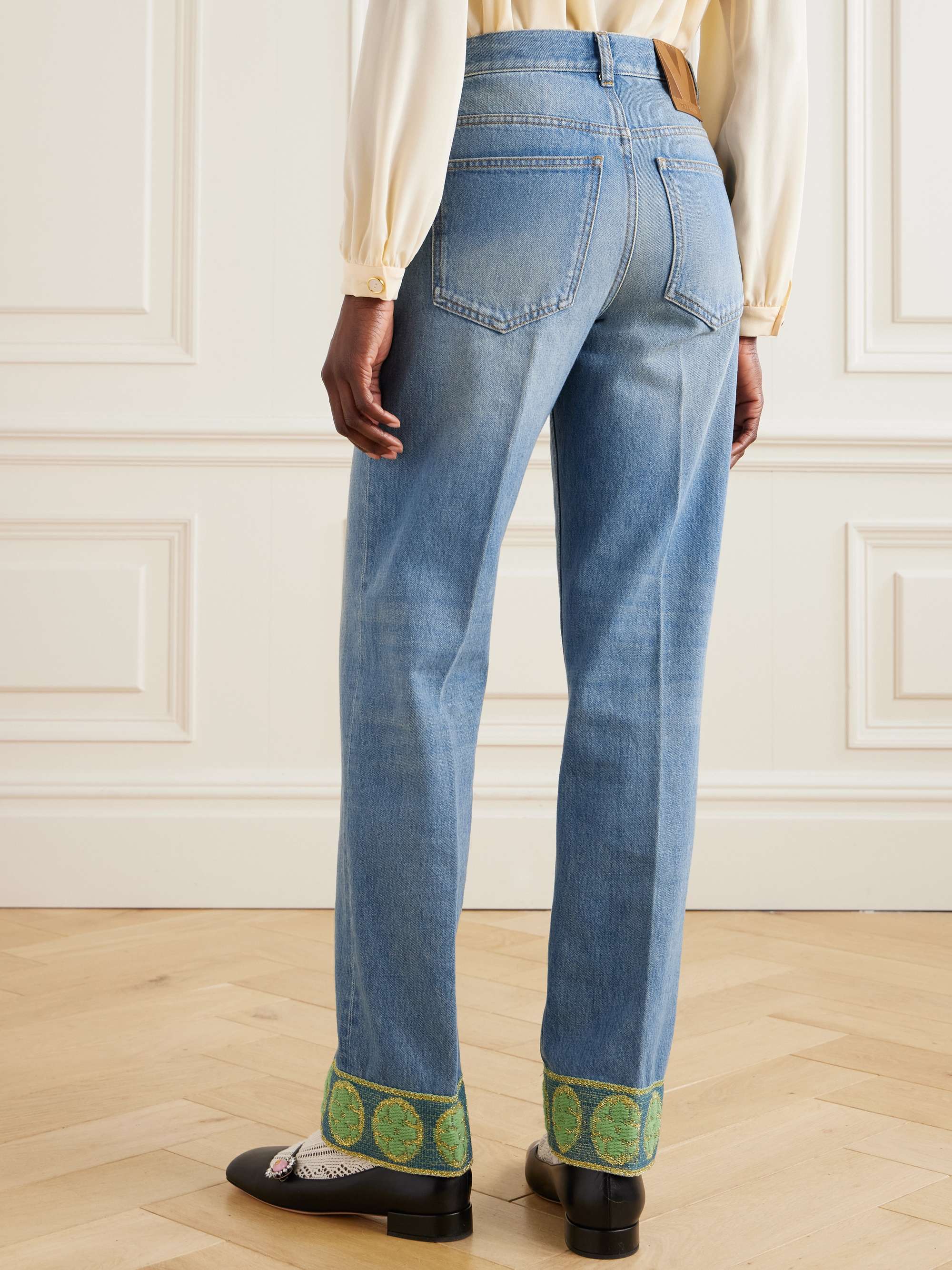 Metallic jacquard-trimmed straight-leg jeans view