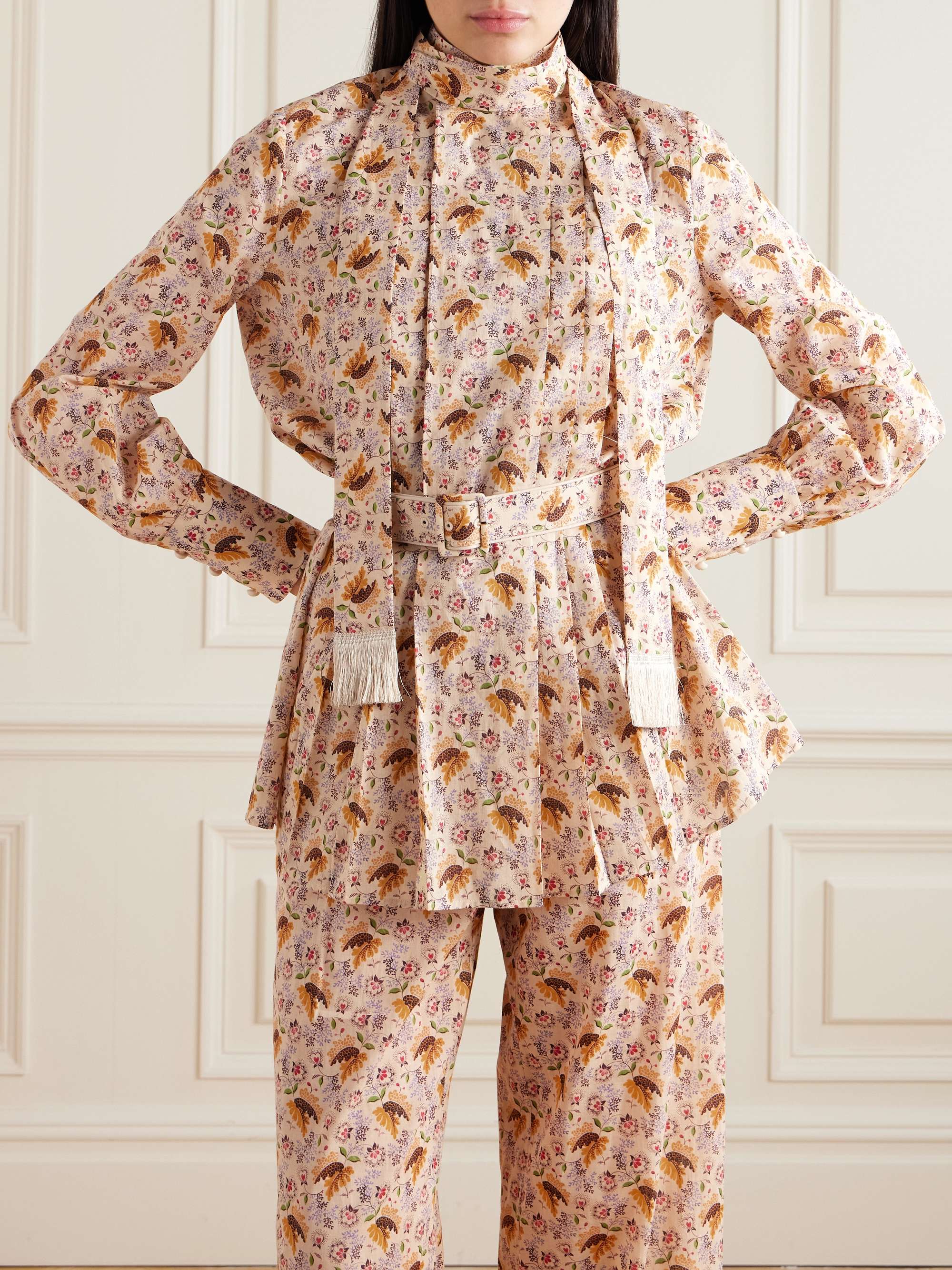 Tie-neck belted pleated floral-print cotton-muslin blouse view