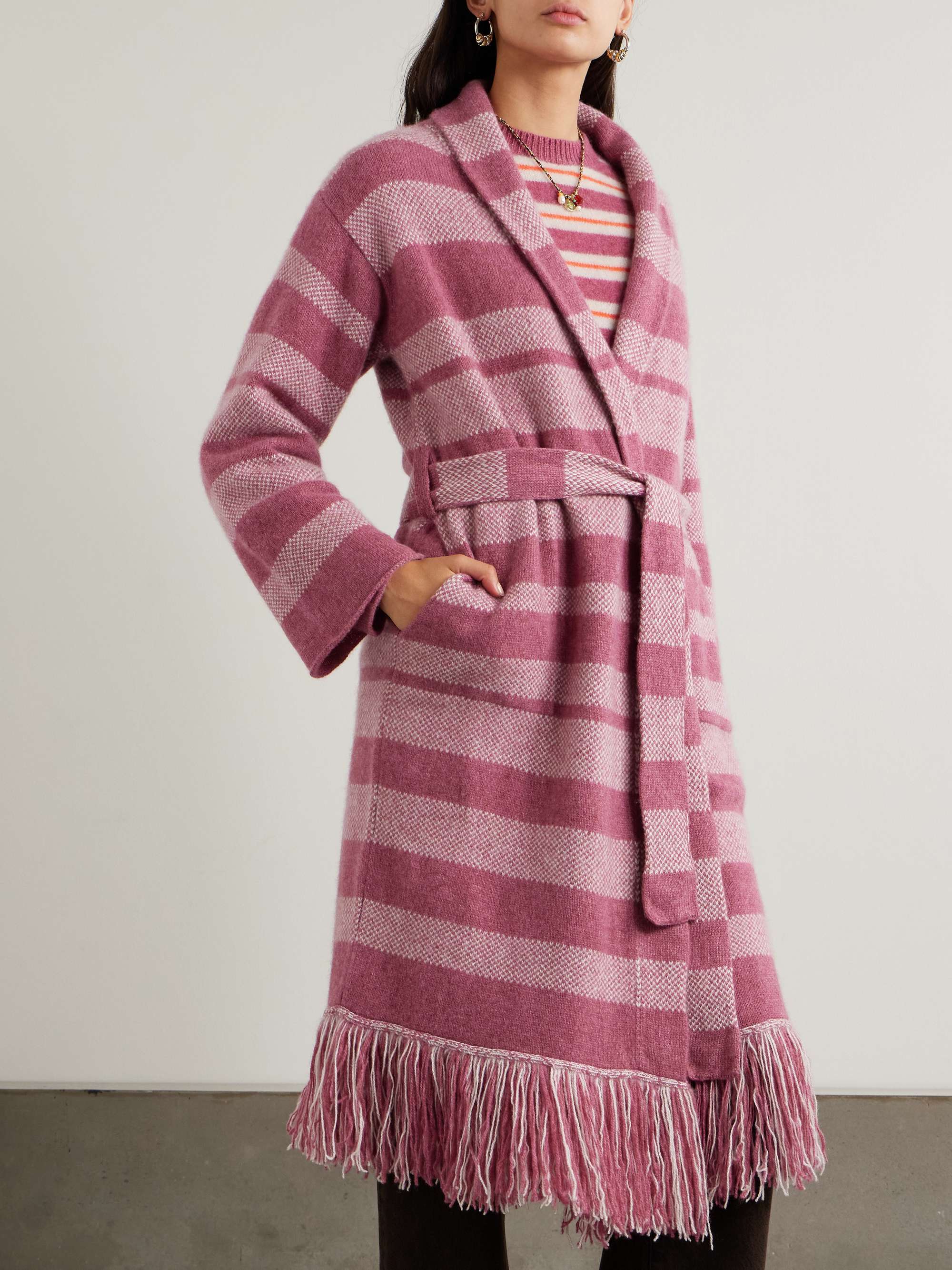 Subway belted fringed striped cashmere cardigan view