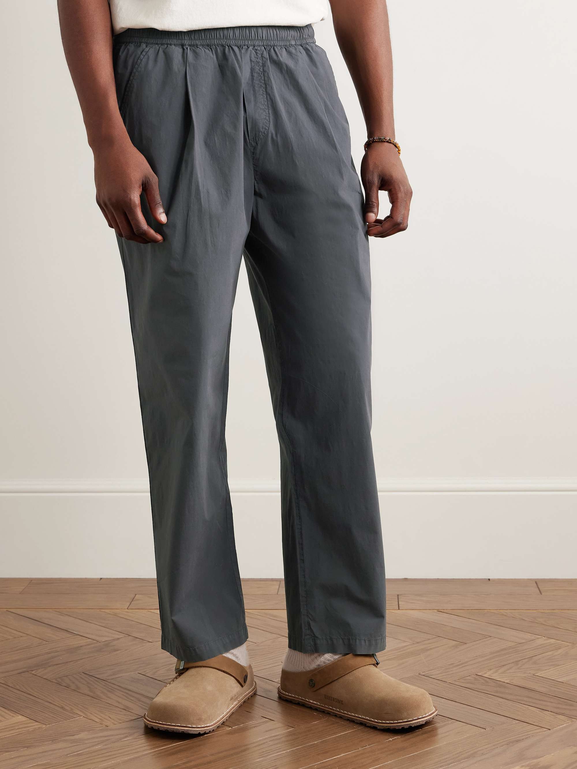 Straight-Leg Pleated Garment-Dyed Stretch-Cotton Poplin Trousers view