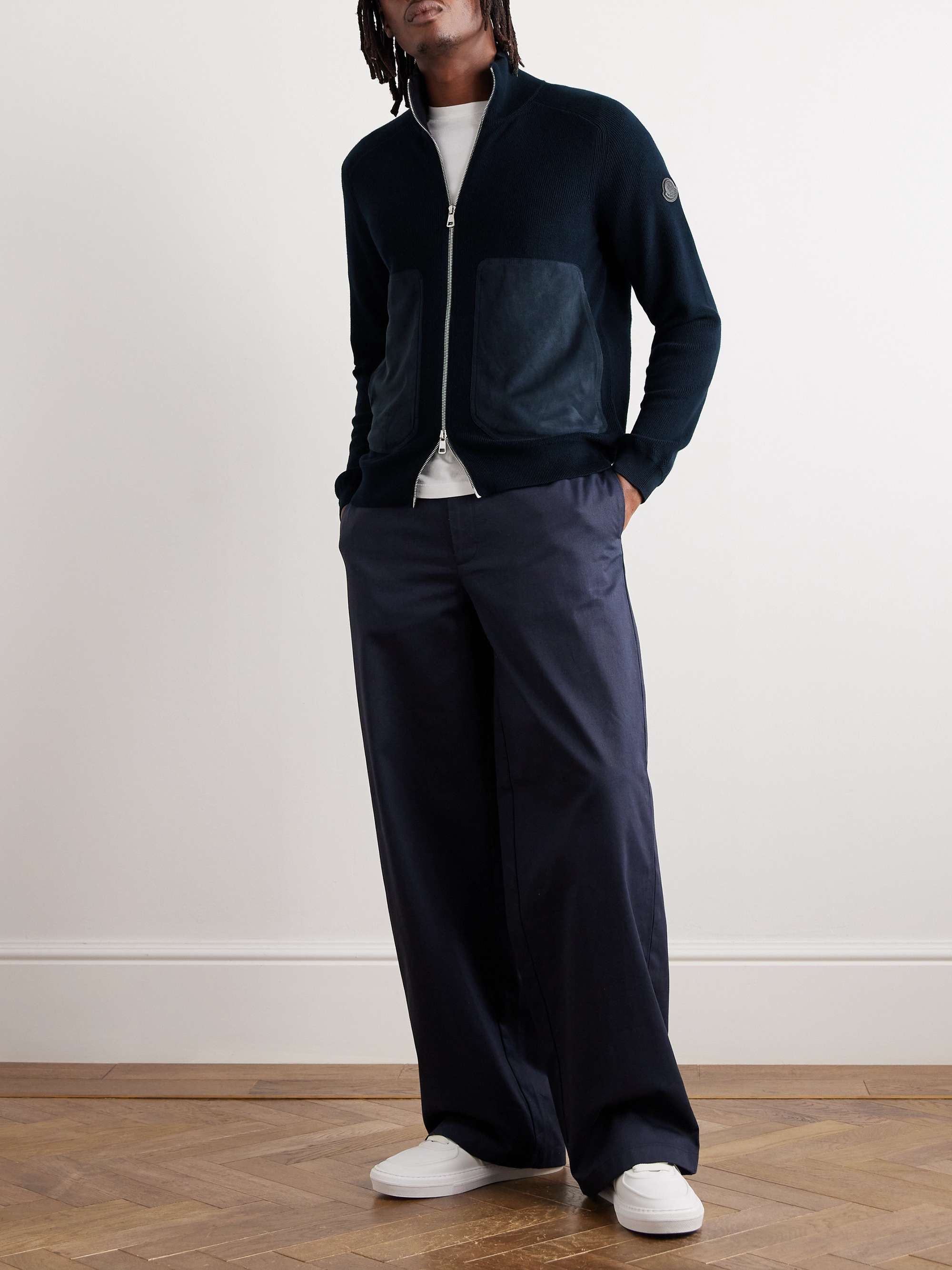 Logo-Appliquéd Suede-Trimmed Cotton and Cashmere-Blend Zip-Up Cardigan view