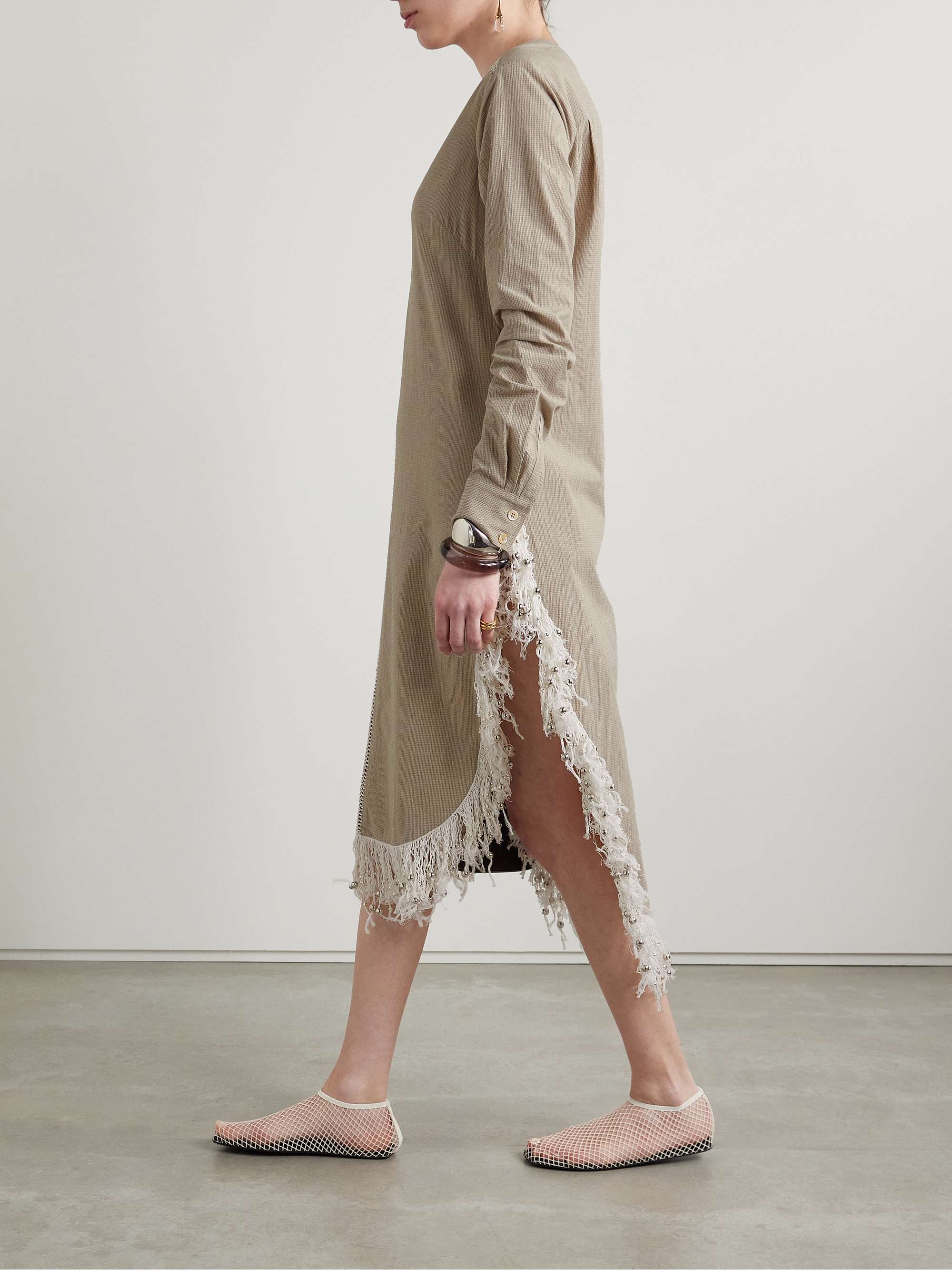 Una oversized fringed bead-embellished checked organic cotton midi dress view