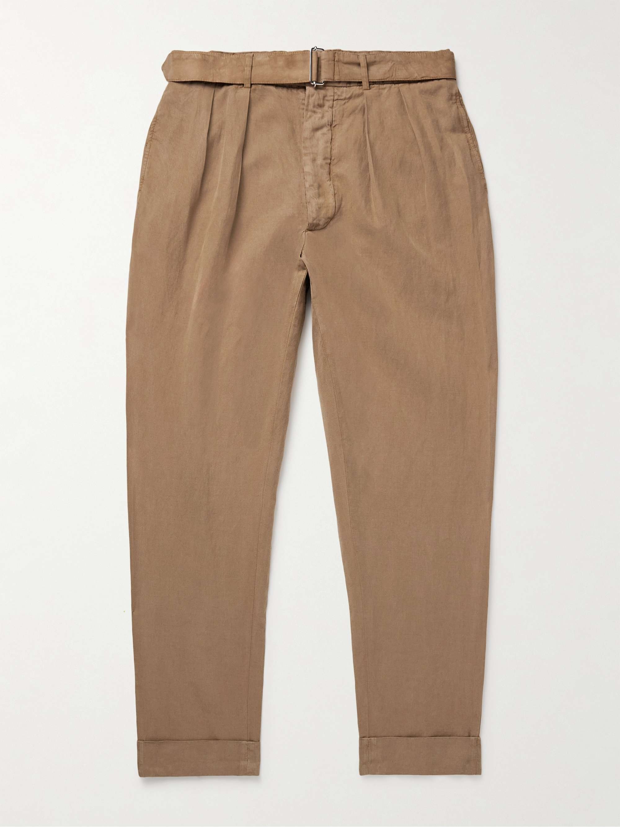 Pierre Tapered Pleated Belted Garment-Dyed Lyocell, Linen and Cotton-Blend Trousers hero visual