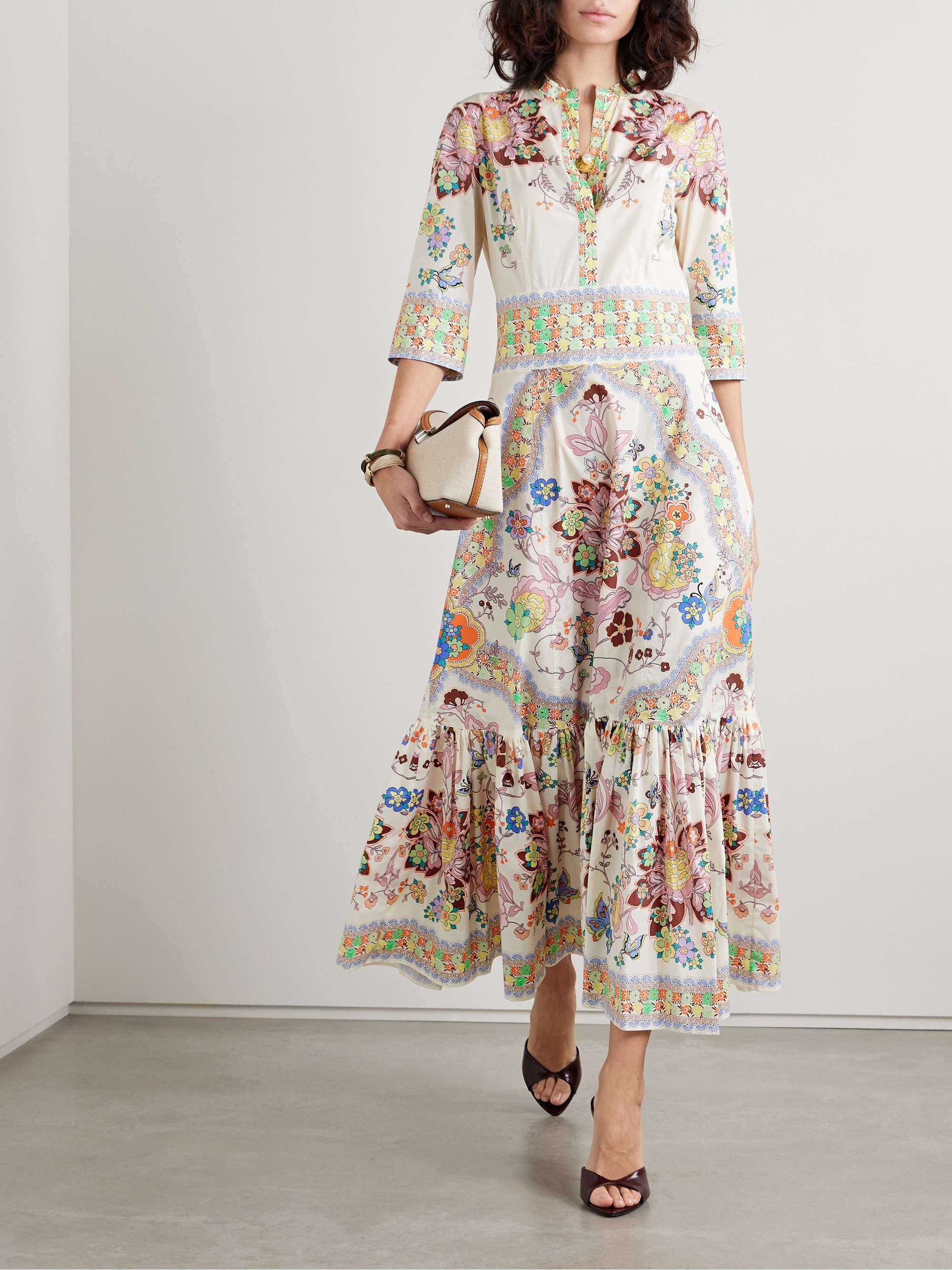 Gathered floral-print cotton-blend poplin midi dress view