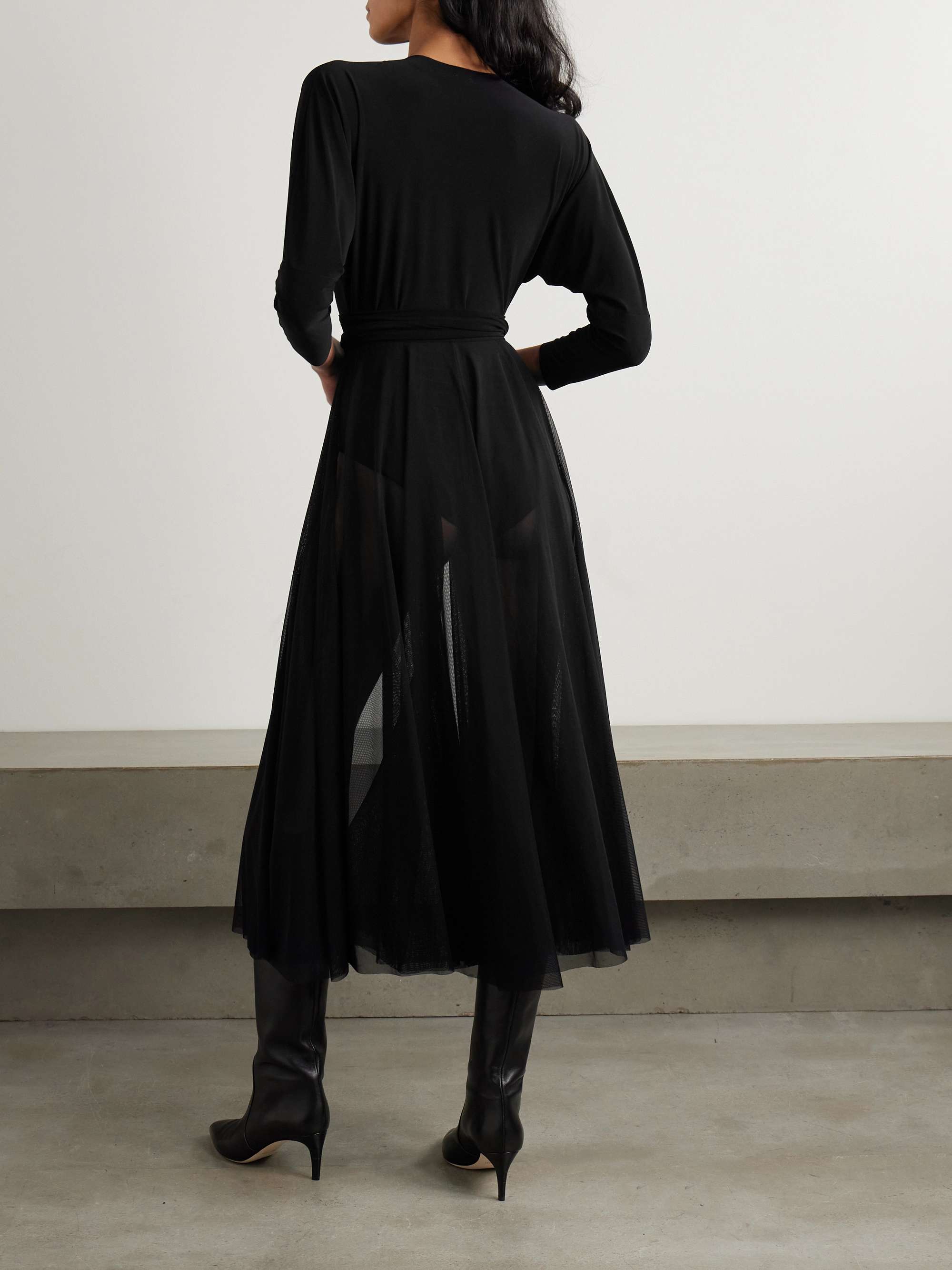 Pleated mesh-trimmed stretch-jersey midi dress view