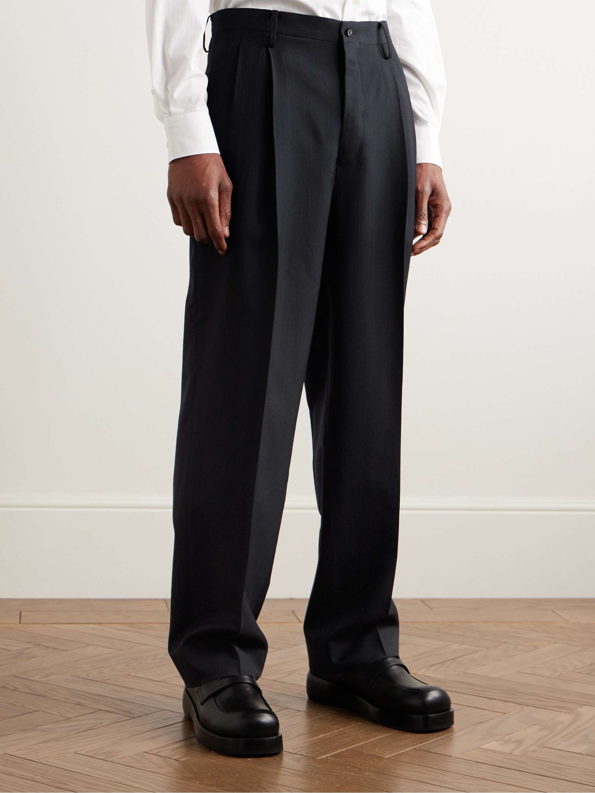 Shoecut Straight-Leg Pleated Pinstriped Wool and Silk-Blend Twill Trousers view
