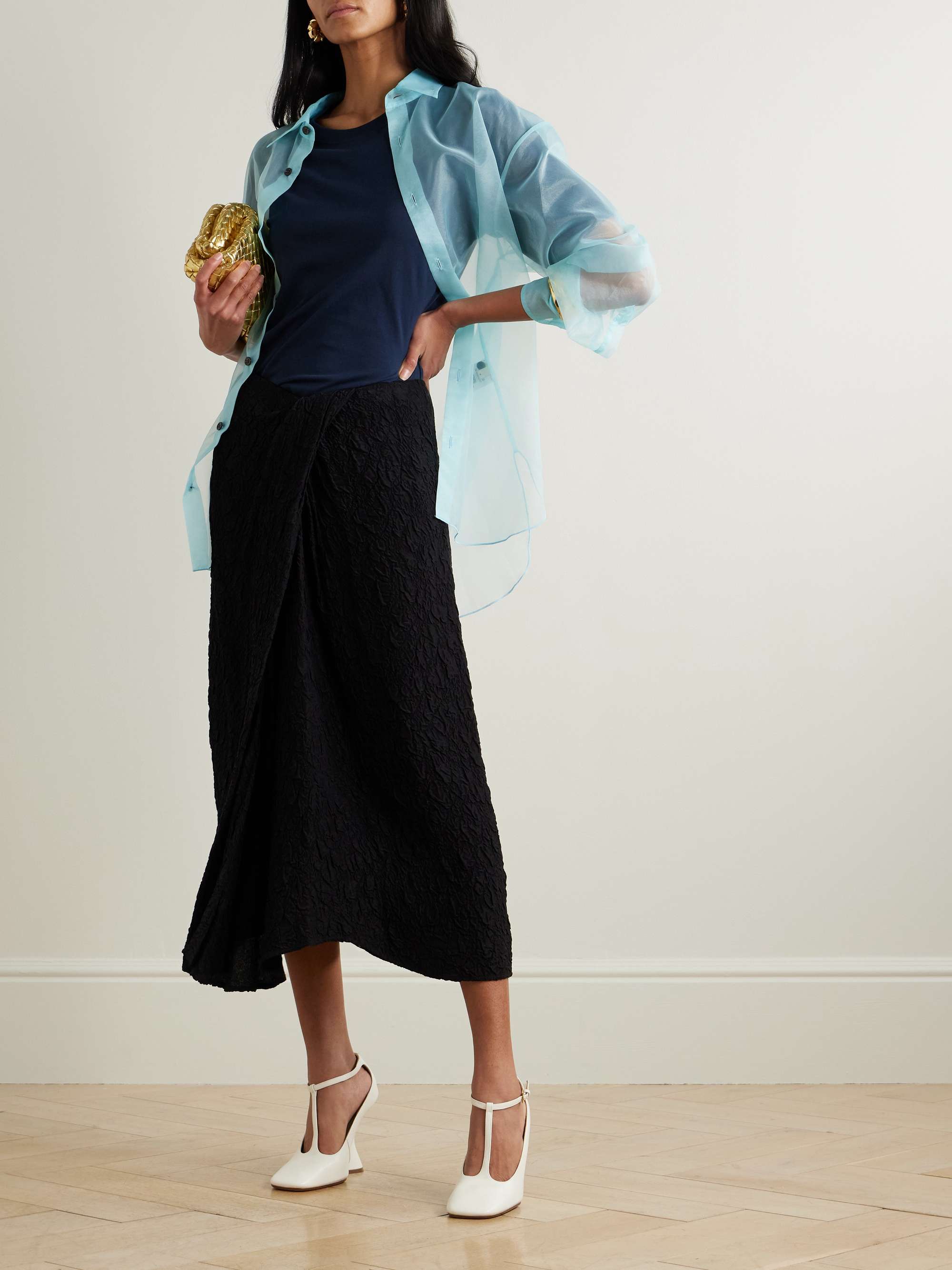 Draped wrap-effect cloqué midi skirt view
