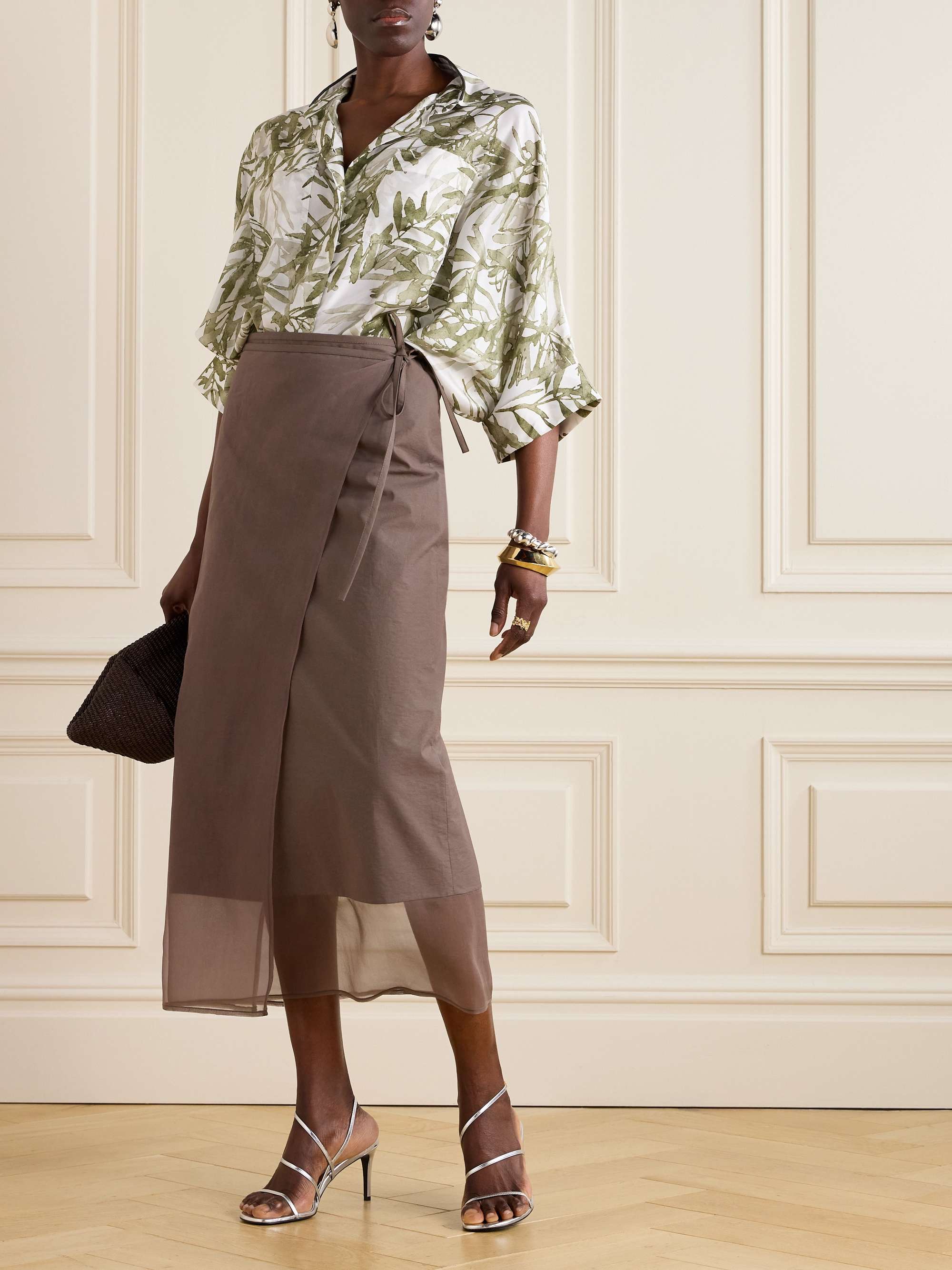 Organza-trimmed cotton-blend midi wrap skirt view