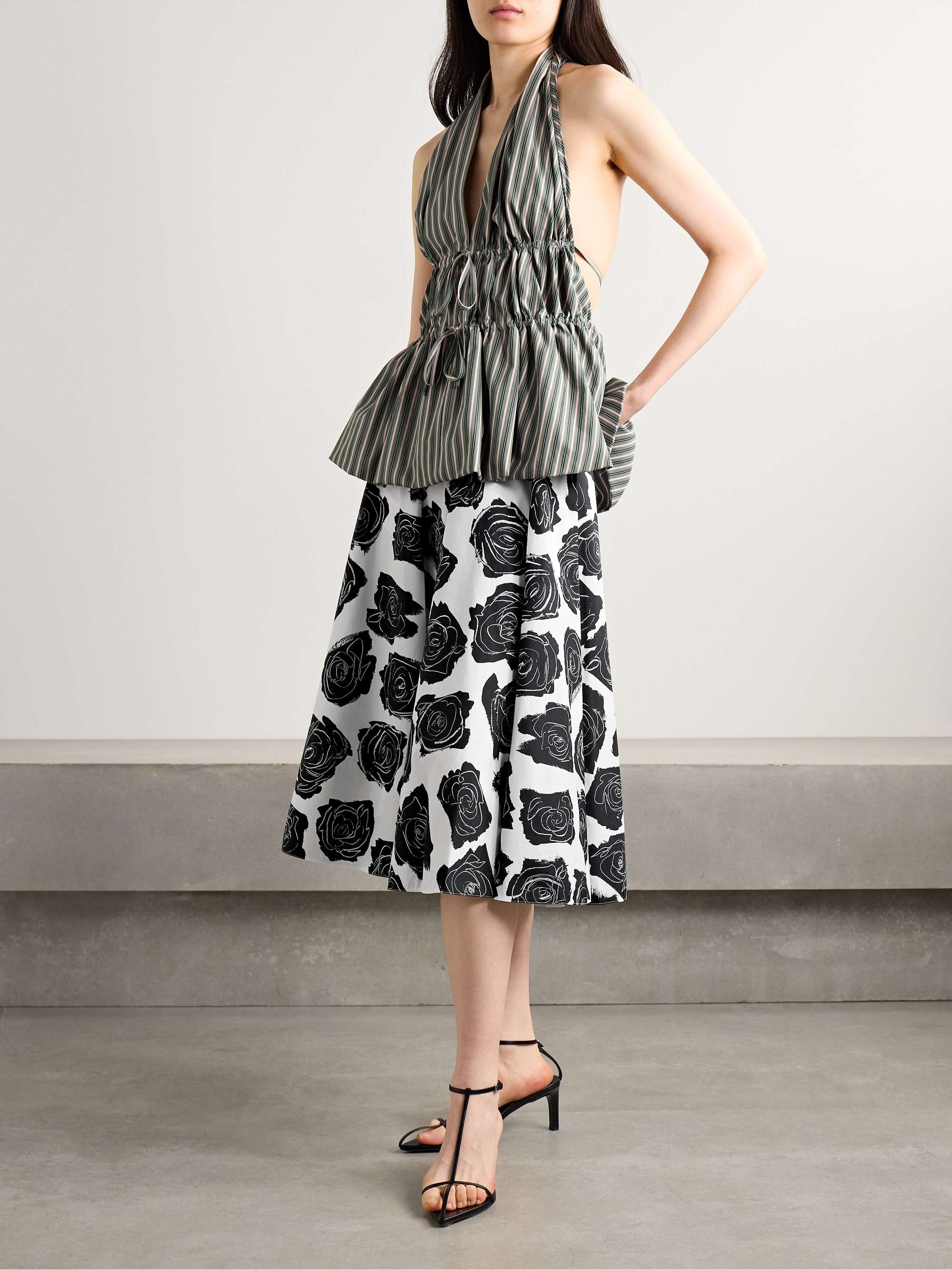 Pleated floral-print cotton-poplin midi skirt view