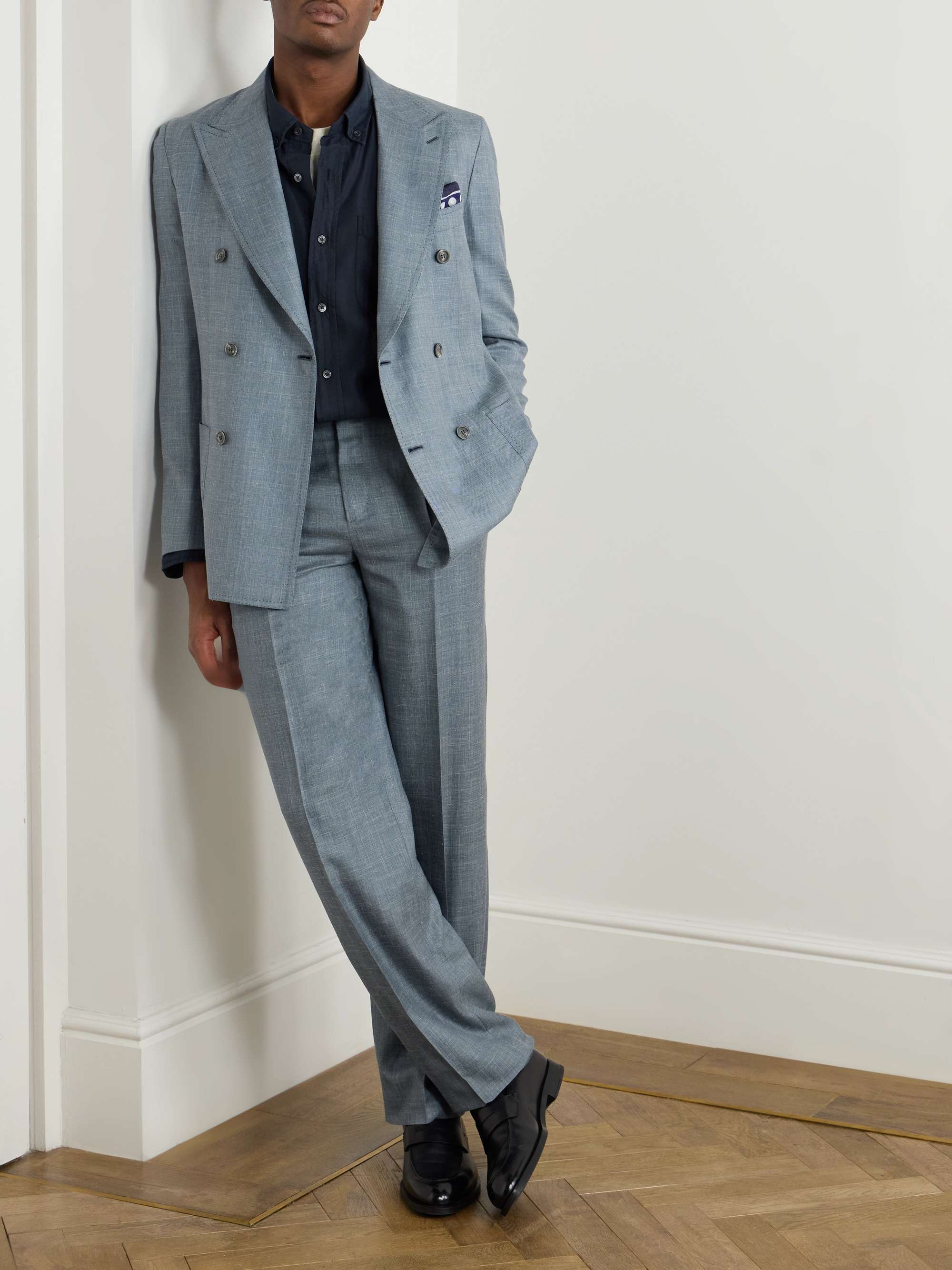 Straight-Leg Pleated Silk, Cashmere and Linen-Blend Suit Trousers view