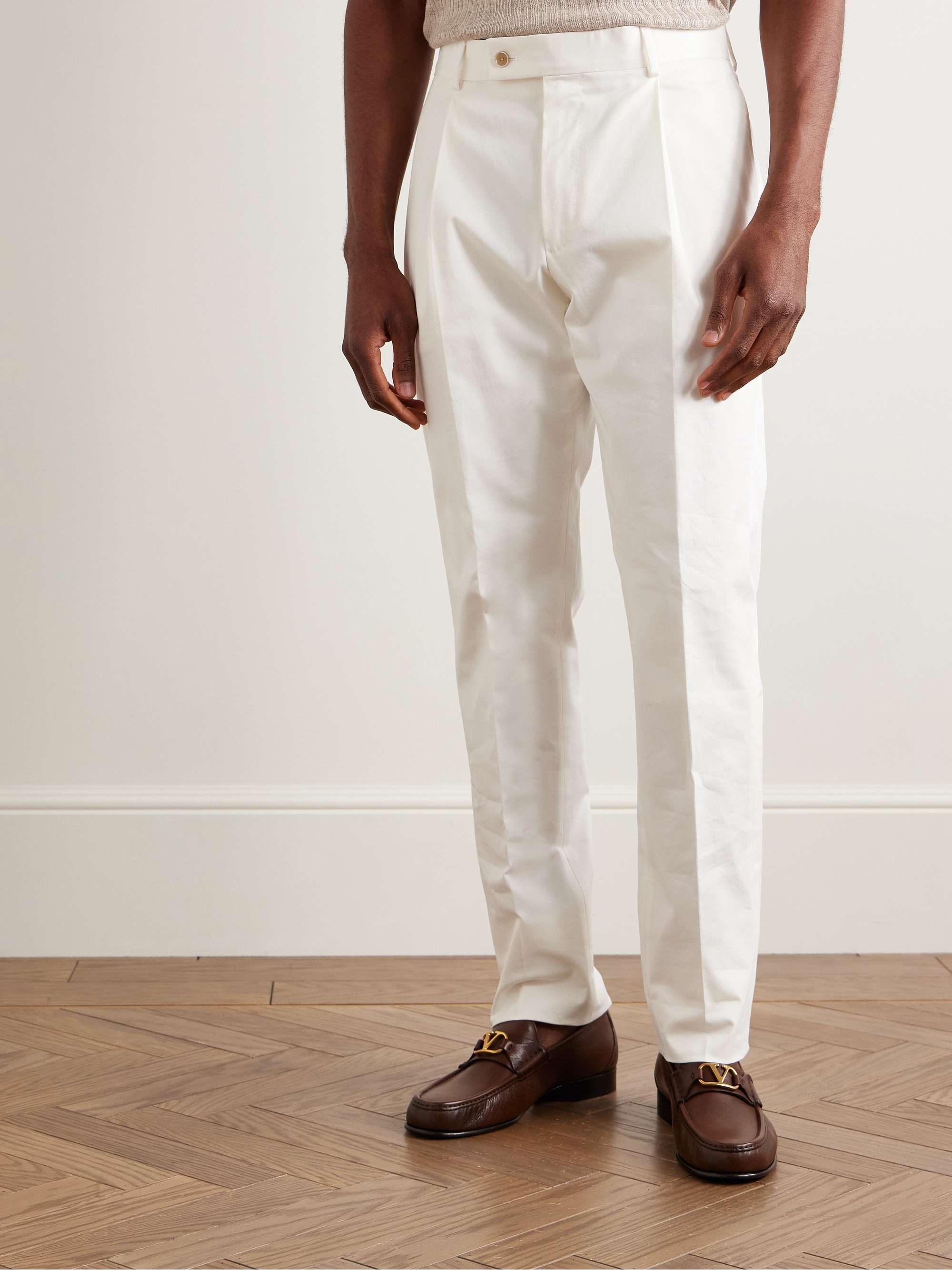 Slim-Fit Pleated Cotton-Blend Twill Trousers view