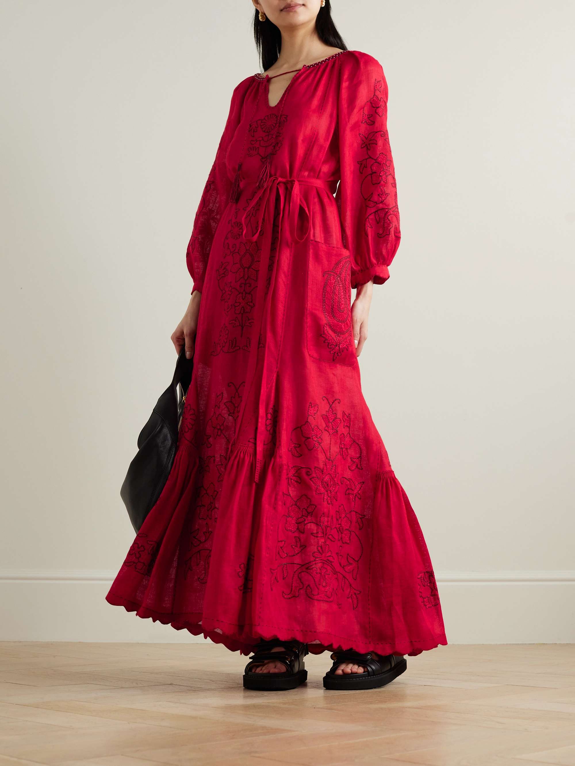 Cairo tasseled bead-embellished embroidered linen maxi dress view