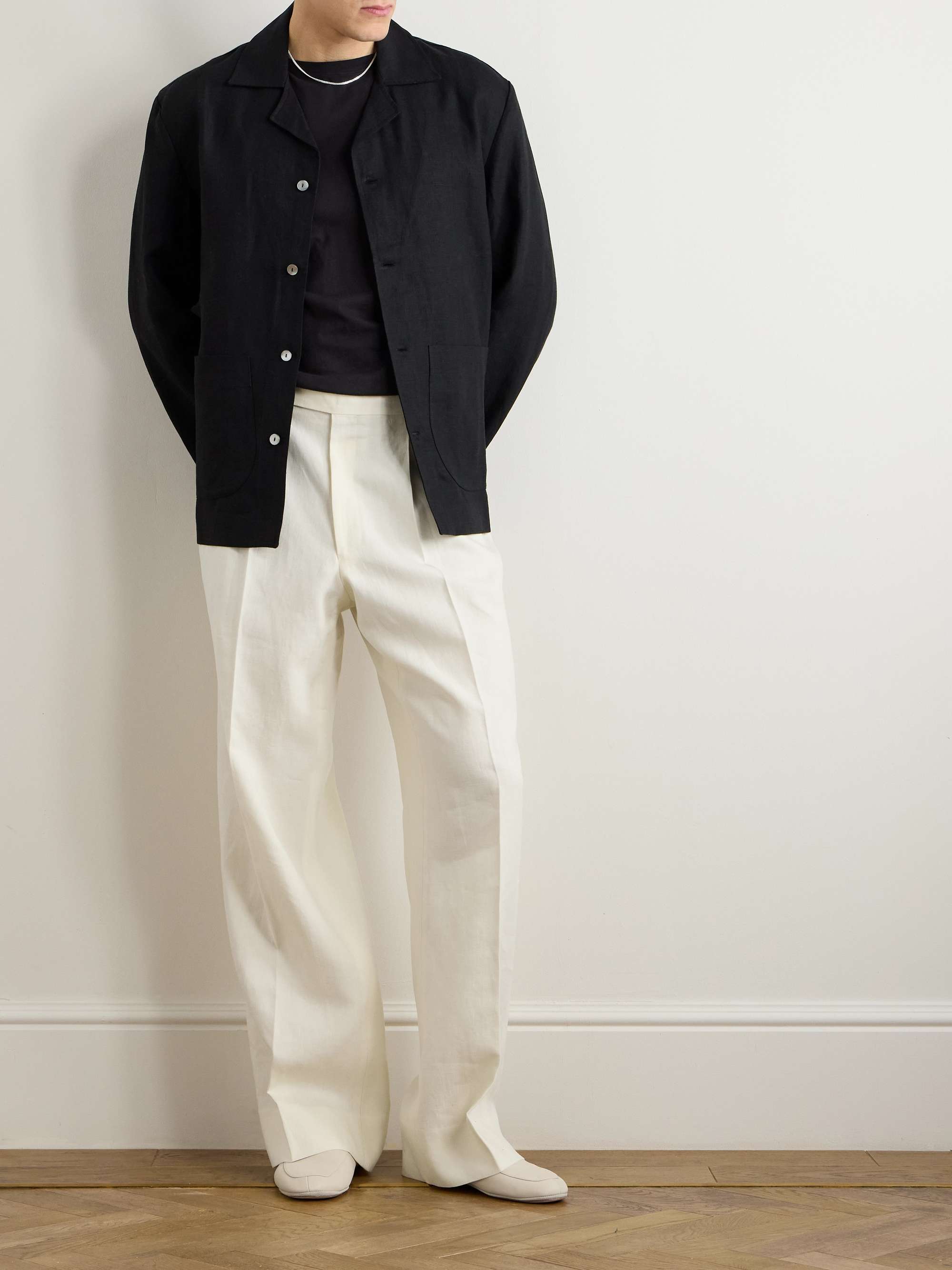 Straight-Leg Pleated Linen-Canvas Trousers view