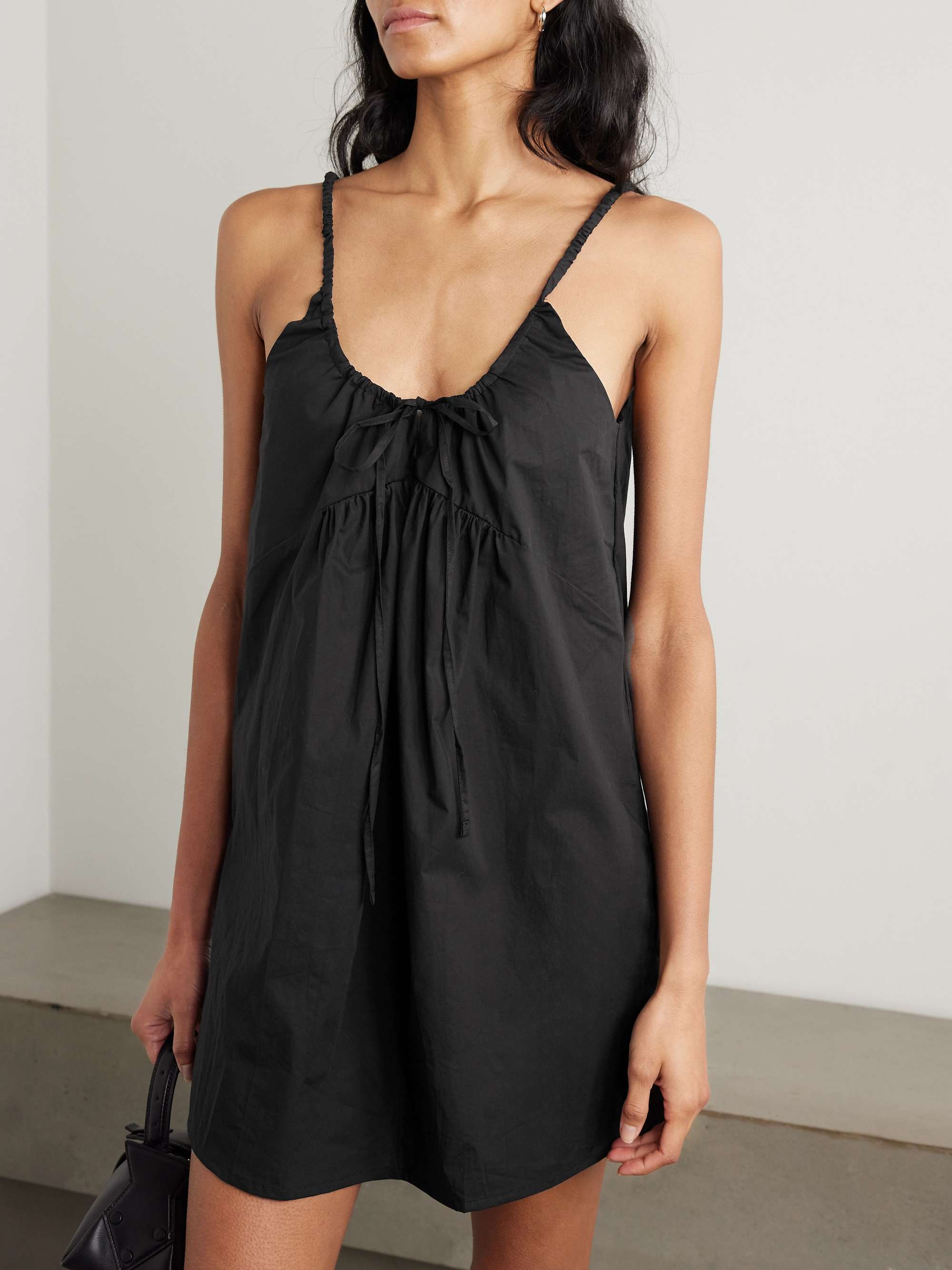 Tie-detailed gathered organic cotton-poplin mini dress view
