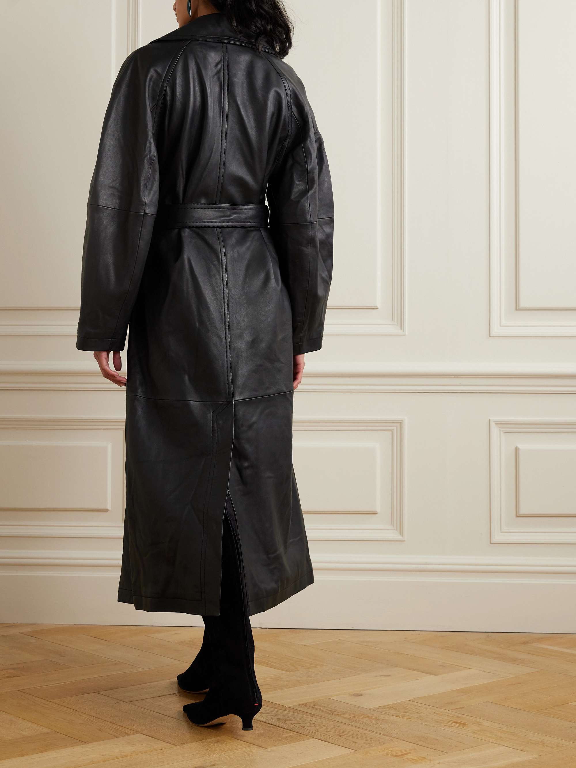 Belted double-breasted leather trench coat view