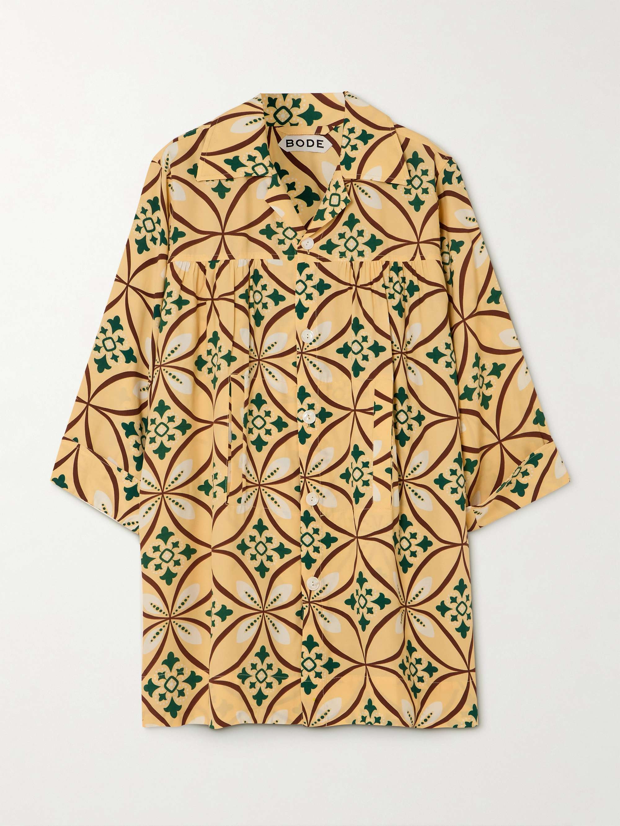 Greer Quincy gathered printed crepe mini shirt dress hero visual