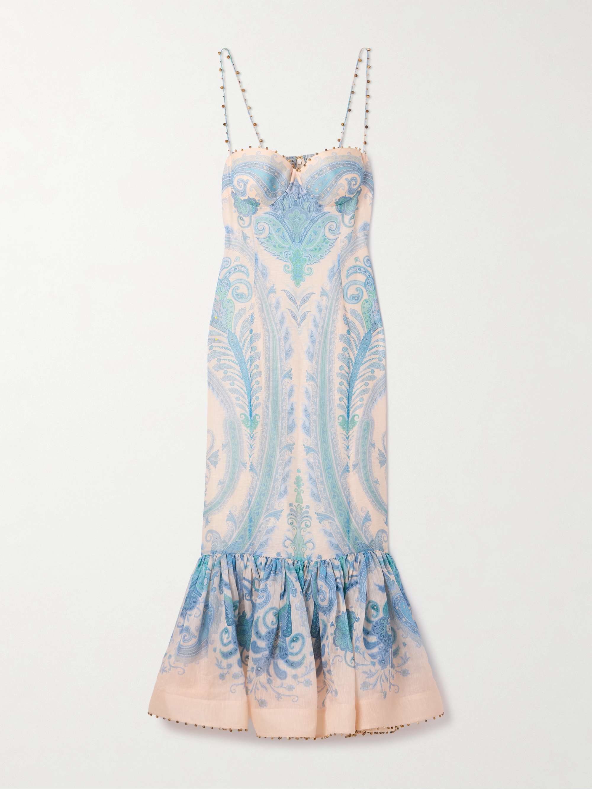 Illuminate bead-embellished paisley-print linen and silk-blend gown hero visual