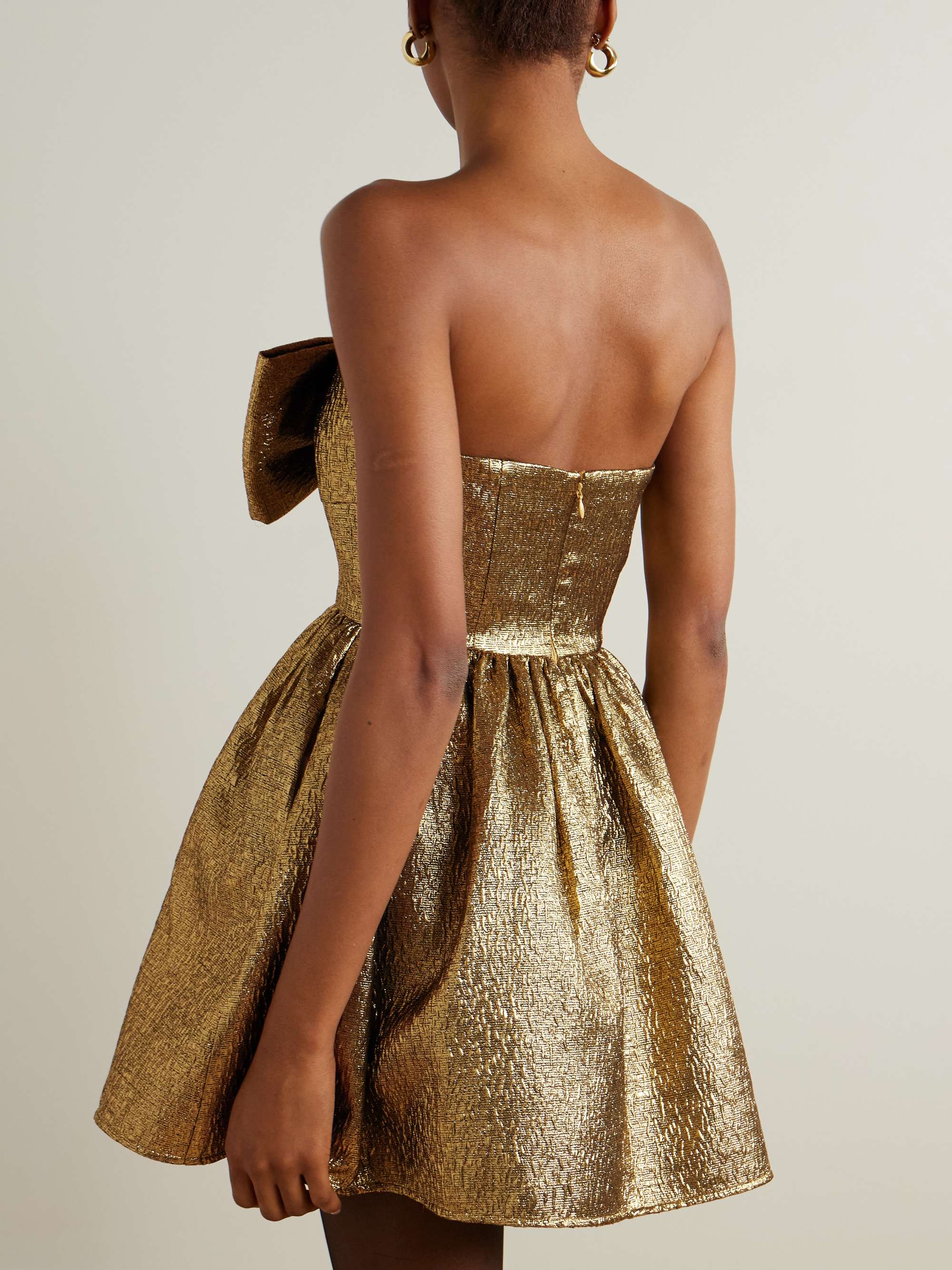 Bow-detailed strapless metallic cloqué mini dress view