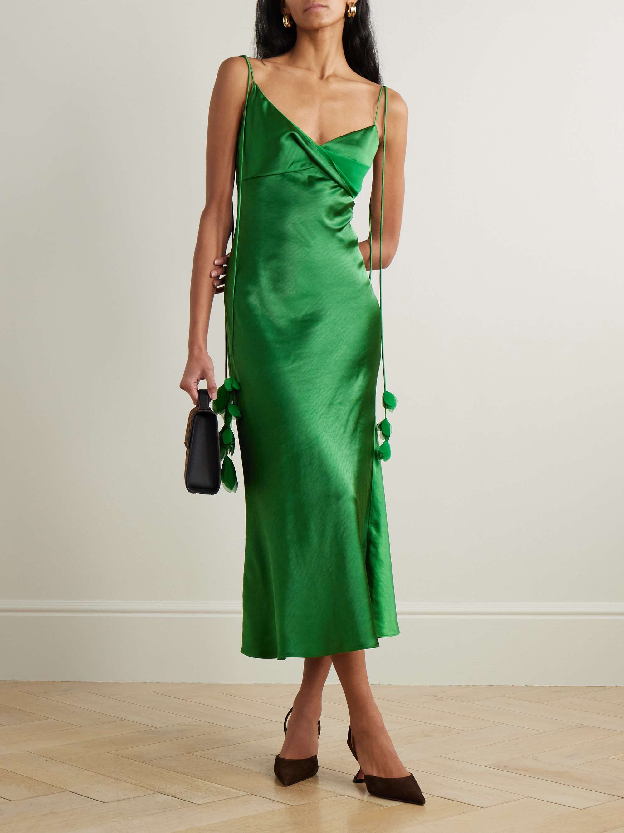 Appliquéd georgette-trimmed draped satin midi dress view