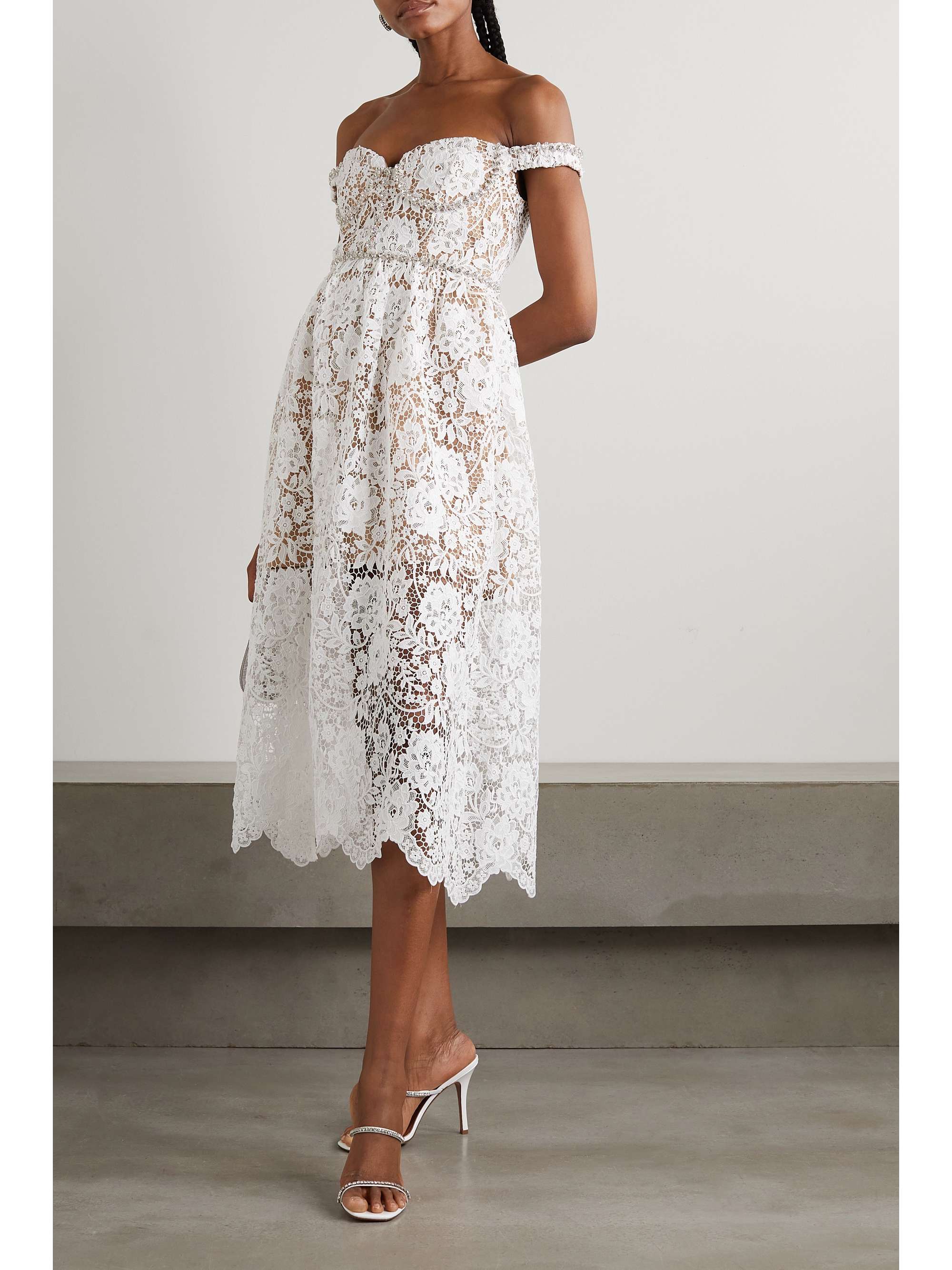 Off-the-shoulder crystal-embellished corded lace midi dress view