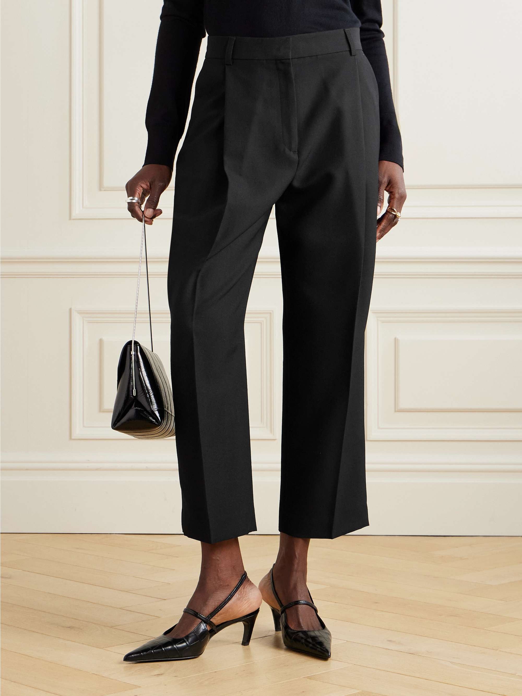 Cropped pleated satin-trimmed recycled crepe straight-leg pants view