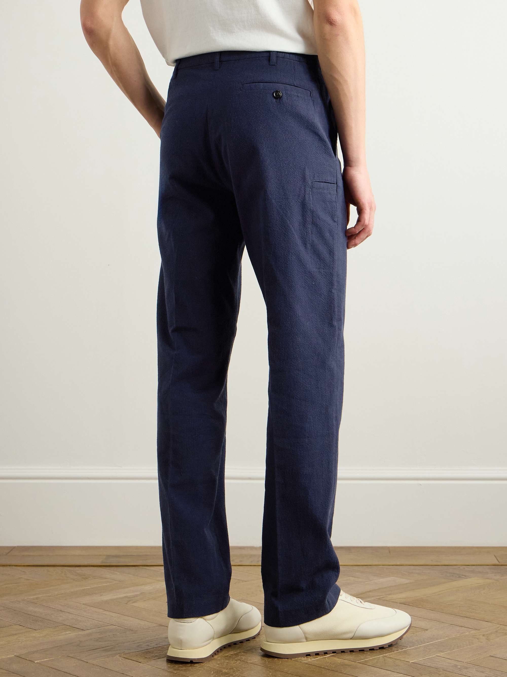 Straight-Leg Striped Cotton and Linen-Blend Trousers view